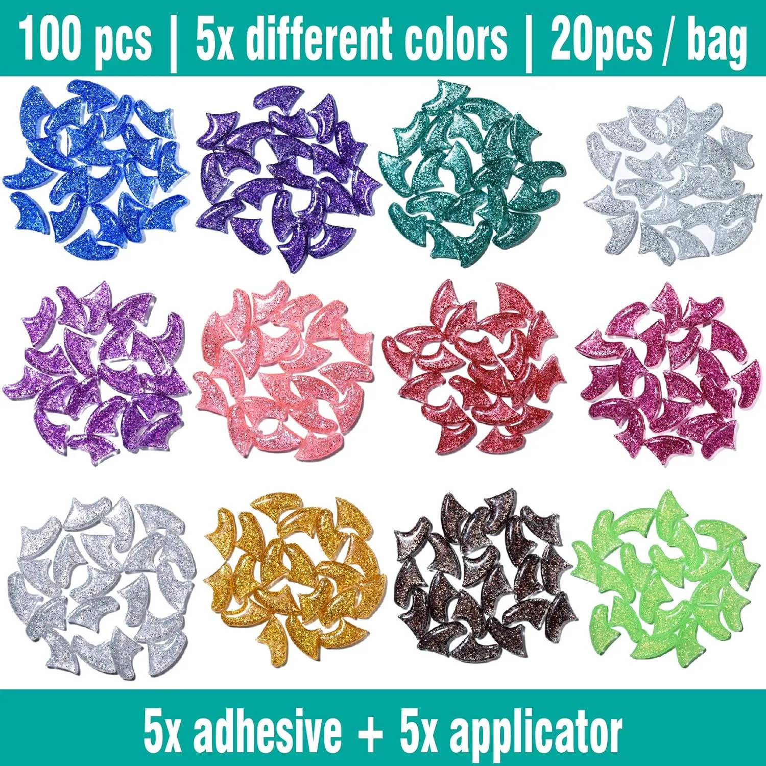 100 pcs Cat Nail Caps | Cat Claw Covers with Adhesives and Applicators | 5X Different Glitter Colors (S)