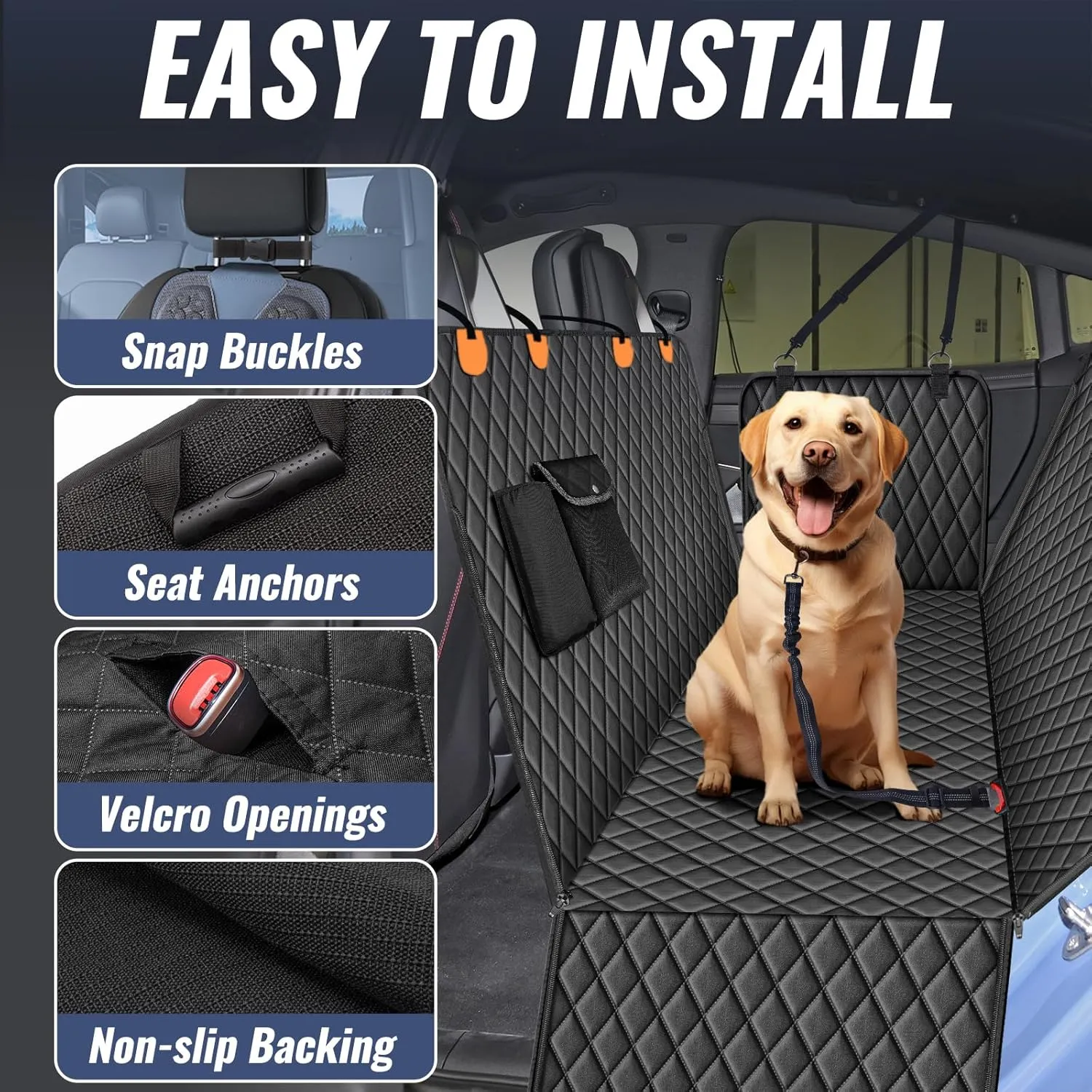 100% Waterproof Dog Car Seat Cover for Back Seat, Large Hammock and Pet Protector, Suitable for Small and Large Dogs, Cars, Trucks, SUVs,Standard(Orange&Black)