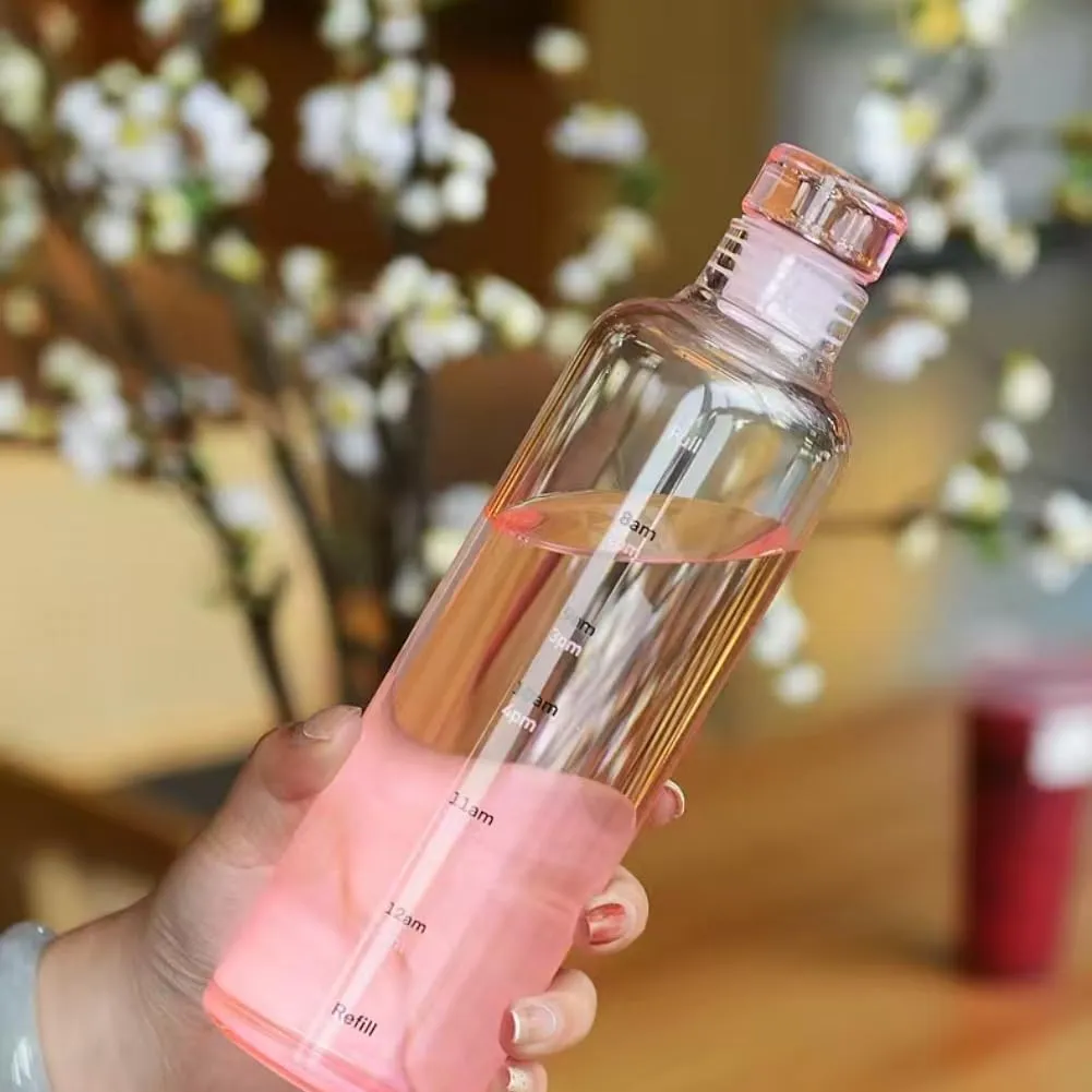 2 PCS Plastic Water Bottle with Time Marker, 17 OZ, Clear Water Bottles, Sports Bottls for for Gym, Travel, Home, School, Office (Clear Pink)