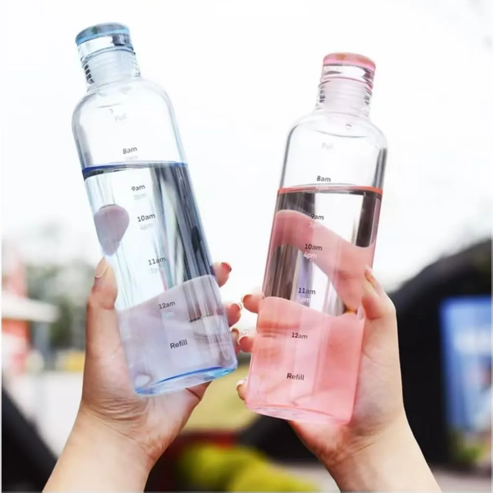 2 PCS Plastic Water Bottle with Time Marker, 17 OZ, Clear Water Bottles, Sports Bottls for for Gym, Travel, Home, School, Office (Clear Pink)