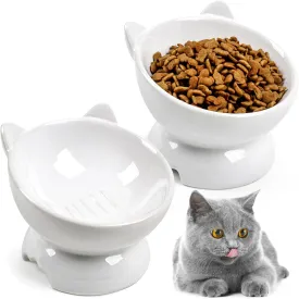 2Pcs Ceramic Elevated Cat Bowls for Food & Water  Wide & Shallow Design Whisker-Friendly Raised Cat Dishes  Anti-Vomit Pet Food Bowl Great Height for Indoor Cats-Microwave & Dishwasher Safe