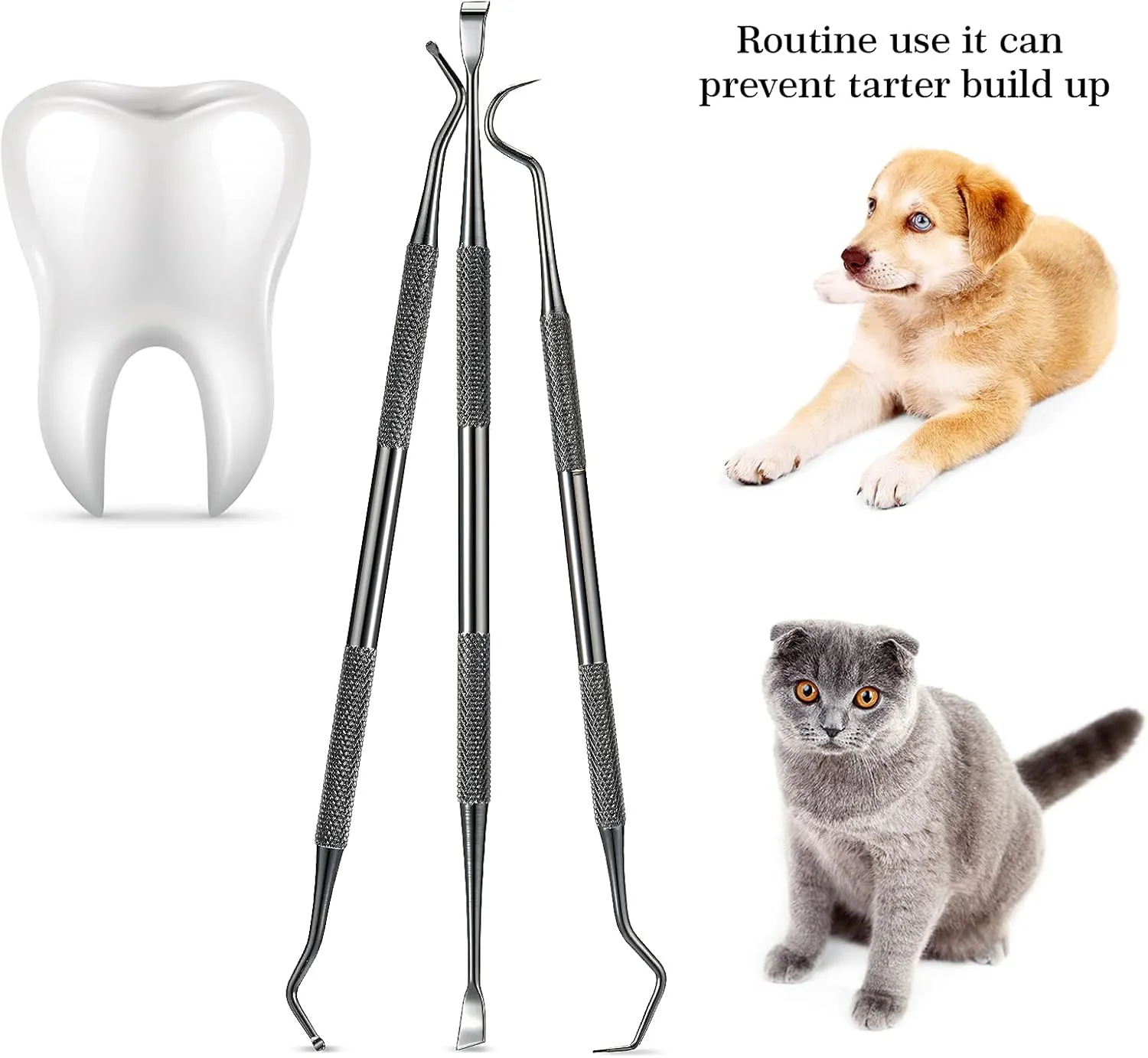 3 Pieces Dog Dental Tooth Scaler and Scraper Stainless Double Headed Tarter Removing Tool Scraper Pet Teeth Cleaning Tools for Dog and Cat