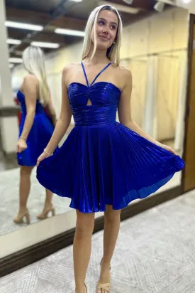 A-Line Spaghetti Straps Royal Blue Pleated Short Homecoming Dresses VK24082803