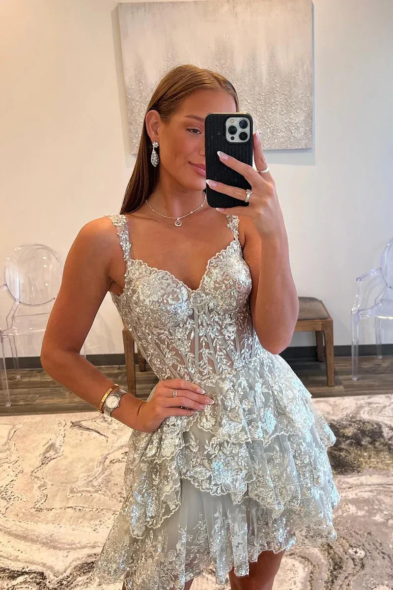 A Line V Neck Sequins Appliques Short Homecoming Dress  VK23090308