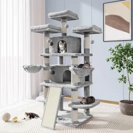 Allewie 68 Inches Cat Tree/House and Towers for Big Feline/Scratching Post/Multi-Level Large Kitty Climbing Tree with Condo/Light Grey