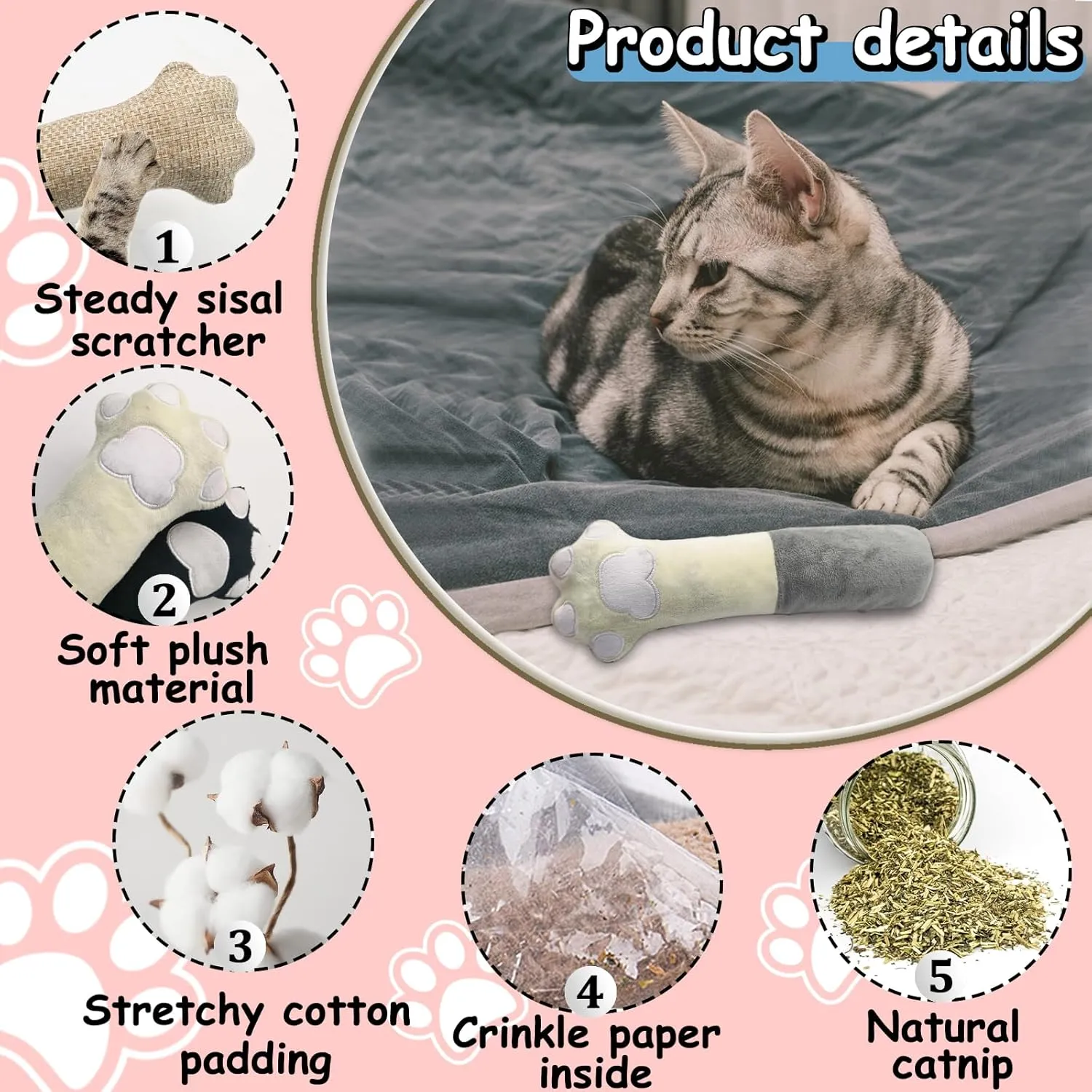 Andiker Cat Toys Cat paw, 10.5 Inches Catnip Toys with Crinkle Sound Soft and Durable, Interactive Cat Kicker Toys for Indoor Kitten with a Sisal Scratcher to Scratch (Leopard Print)