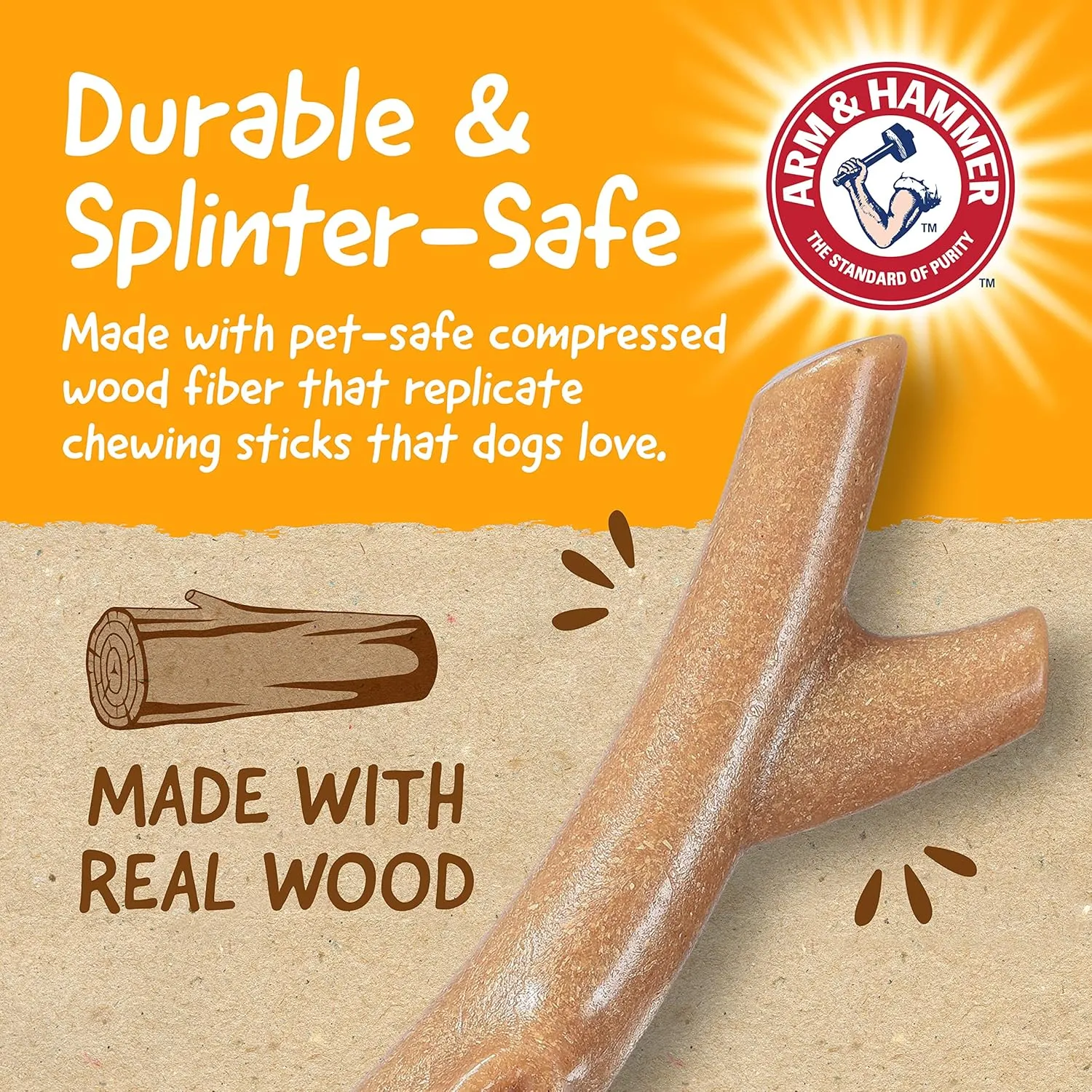 Arm & Hammer for Pets Barkies Tree Bark Compressed Wood Collection, 7 Inch Chicken Flavored Wood Blend Chew Toy for Dogs | Faux Stick, Splinter-Free, Safer & Durable Alternative to Chewing Sticks