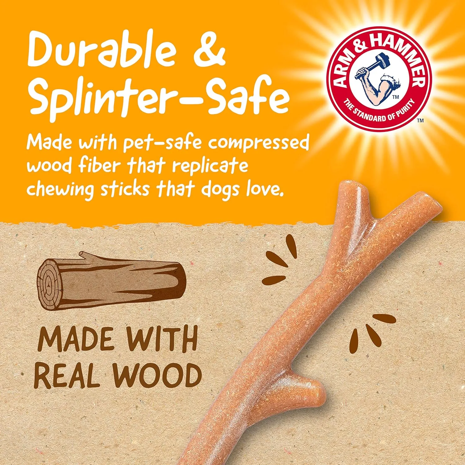 Arm & Hammer for Pets Barkies Tree Branch Compressed Wood Collection, 8 Inch Bacon Flavored Wood Blend Chew Toy for Dogs | Faux Stick, Splinter-Free, Safer & Durable Alternative to Chewing Sticks