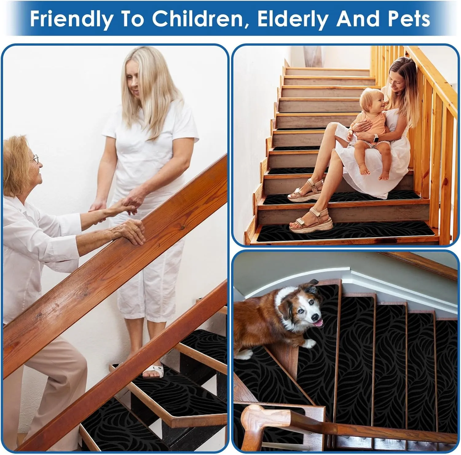 Arttown 15pcs 30" x 8" Non Slip Stair Treads for Indoor Wooden Steps Anti Slip Carpet Stair Runner with Adhesive Backing Peel and Stick Staircase Step Treads for Kids,Elderly and Pets Black Leaves