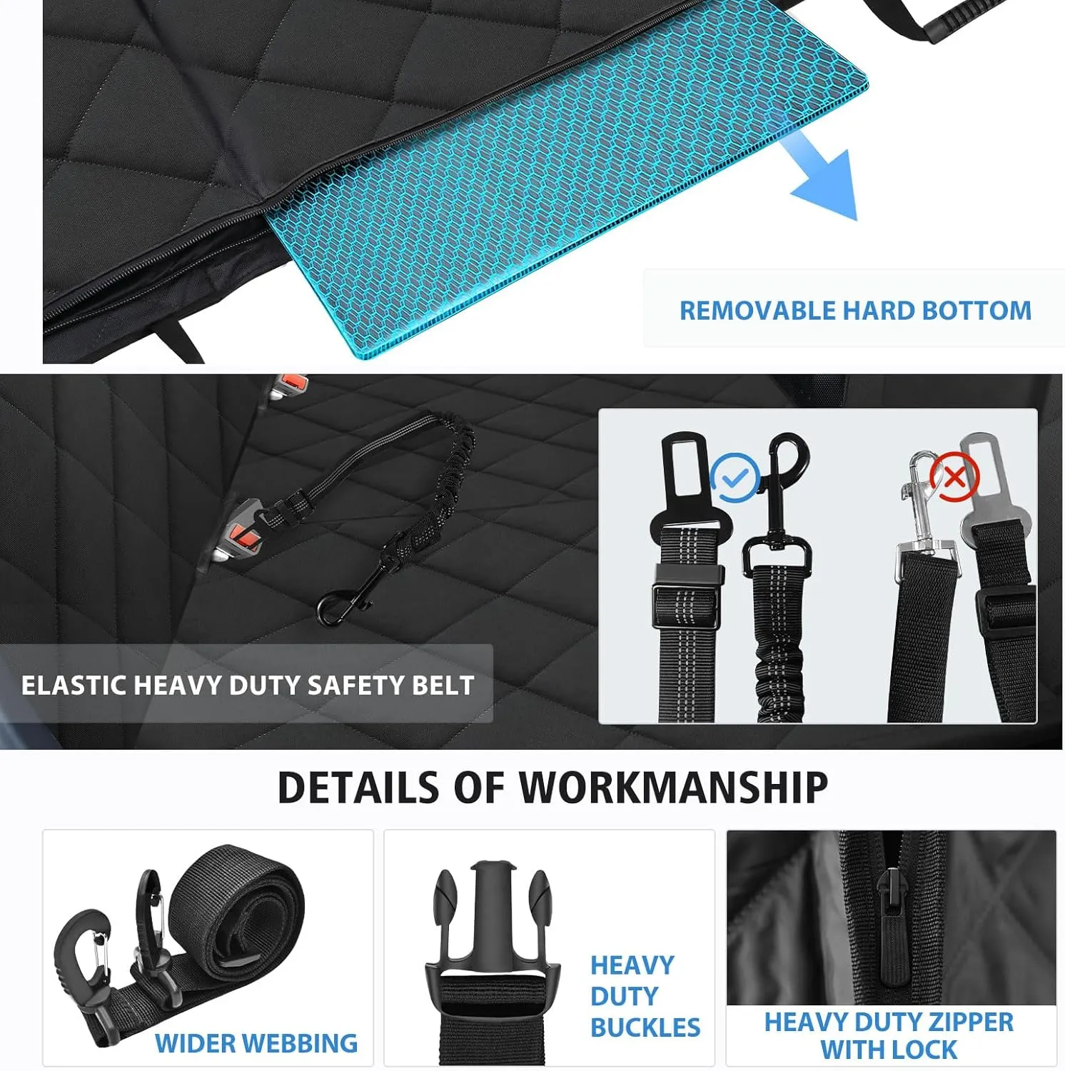 Back Seat Extender for Dogs, Dog Car Seat Cover for Back Seat, 400lbs Capacity Hard Bottom Car Seat Cover for Dogs, Waterproof Dog Hammock for Mid-Size Cars, SUVs, Trucks Black