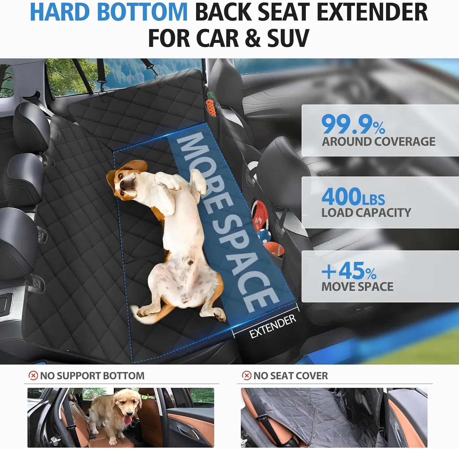 Back Seat Extender for Dogs, Dog Car Seat Cover for Back Seat, 400lbs Capacity Hard Bottom Car Seat Cover for Dogs, Waterproof Dog Hammock for Mid-Size Cars, SUVs, Trucks Black