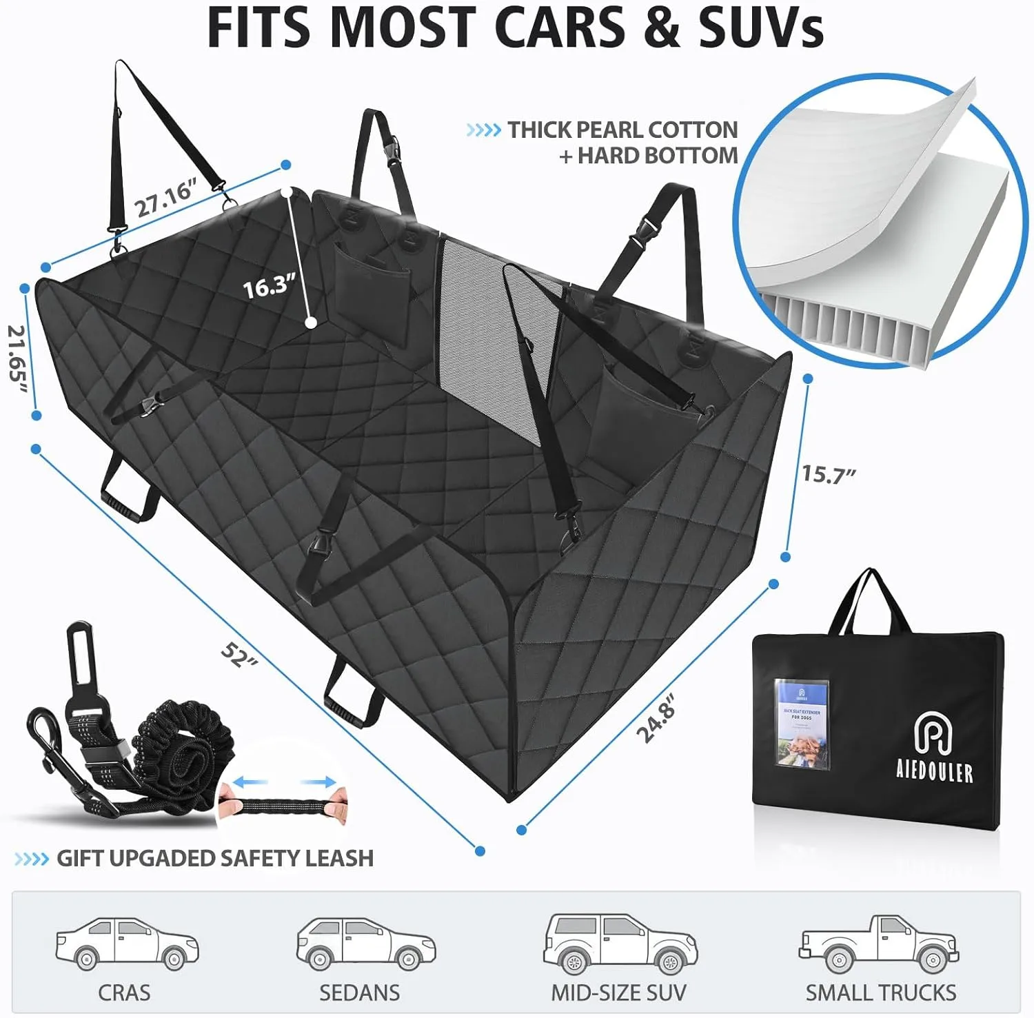 Back Seat Extender for Dogs, Dog Car Seat Cover for Back Seat, 400lbs Capacity Hard Bottom Car Seat Cover for Dogs, Waterproof Dog Hammock for Mid-Size Cars, SUVs, Trucks Black
