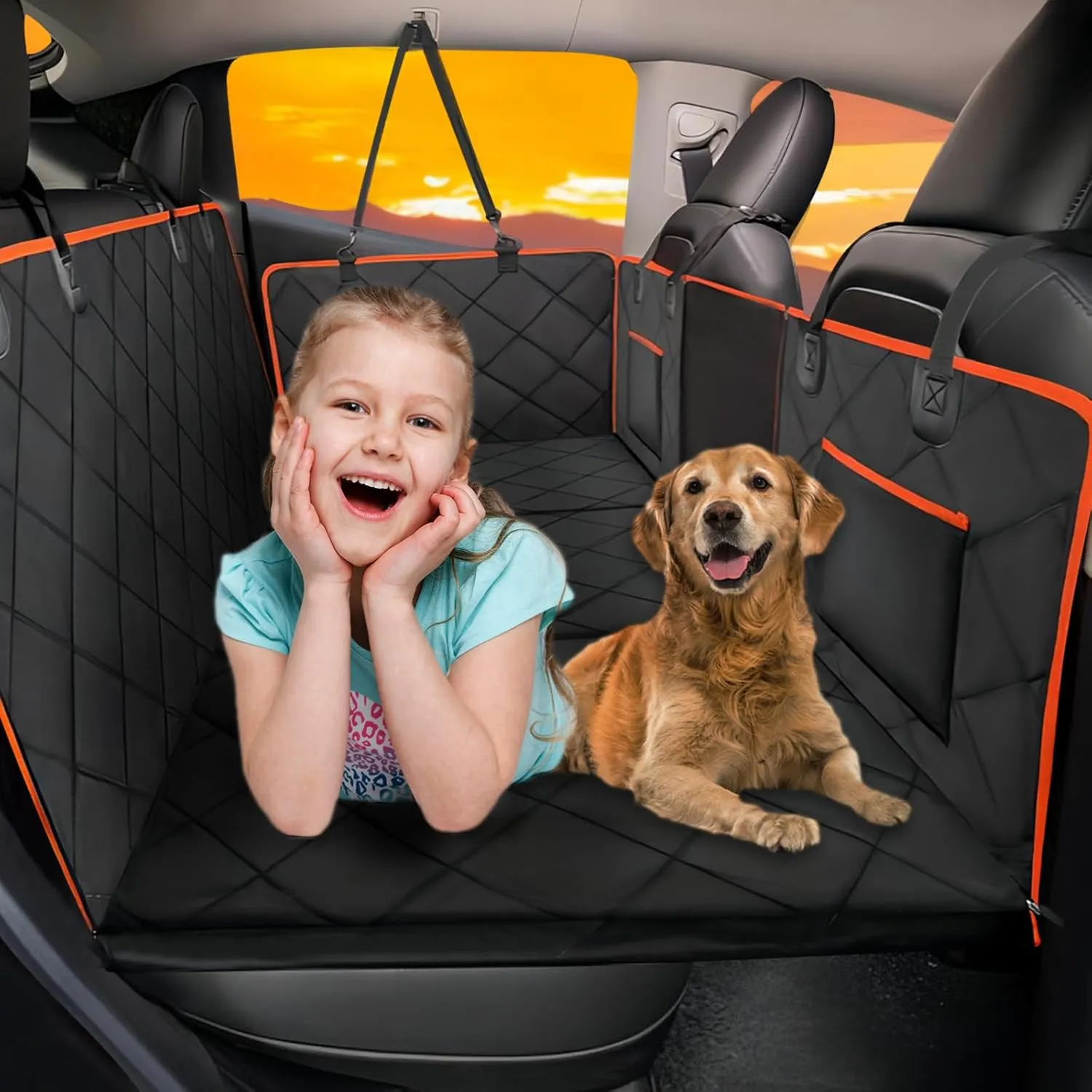Back Seat Extender for Dogs - Holds 420lb, Hard Bottom Dog Bed Back Seat Cover, Pet Car Seat Cover Backseat Extender,Upgraded Material Waterproof Dog Hammock for CarSUV, Truck, Black/Orange