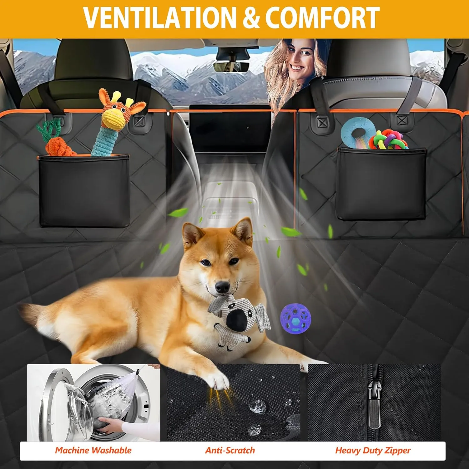 Back Seat Extender for Dogs - Holds 420lb, Hard Bottom Dog Bed Back Seat Cover, Pet Car Seat Cover Backseat Extender,Upgraded Material Waterproof Dog Hammock for CarSUV, Truck, Black/Orange