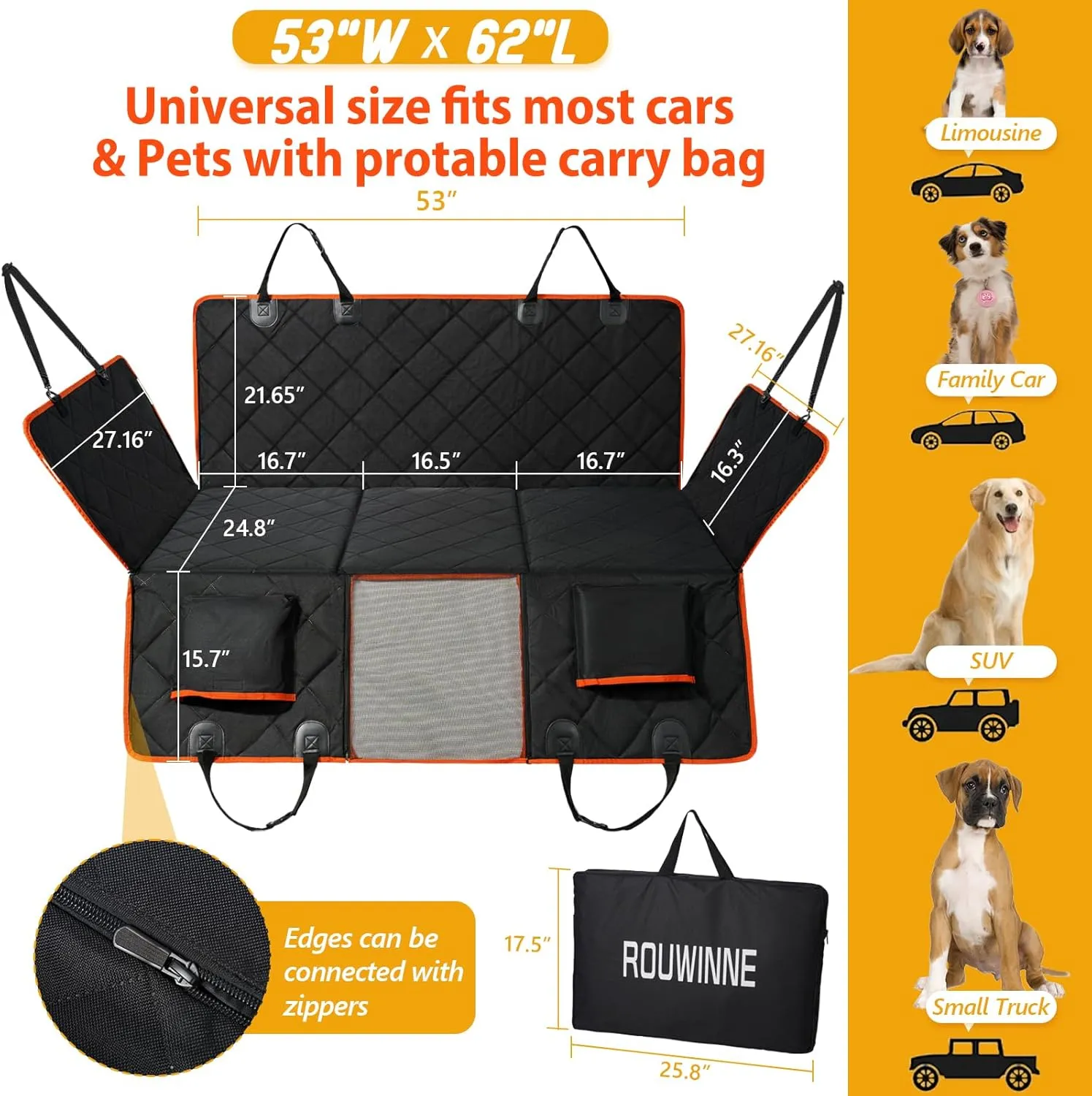 Back Seat Extender for Dogs - Holds 420lb, Hard Bottom Dog Bed Back Seat Cover, Pet Car Seat Cover Backseat Extender,Upgraded Material Waterproof Dog Hammock for CarSUV, Truck, Black/Orange