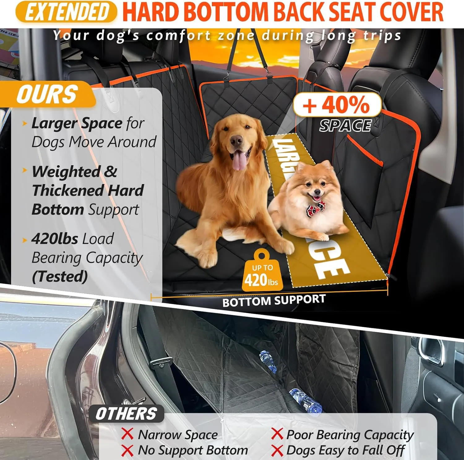 Back Seat Extender for Dogs - Holds 420lb, Hard Bottom Dog Bed Back Seat Cover, Pet Car Seat Cover Backseat Extender,Upgraded Material Waterproof Dog Hammock for CarSUV, Truck, Black/Orange