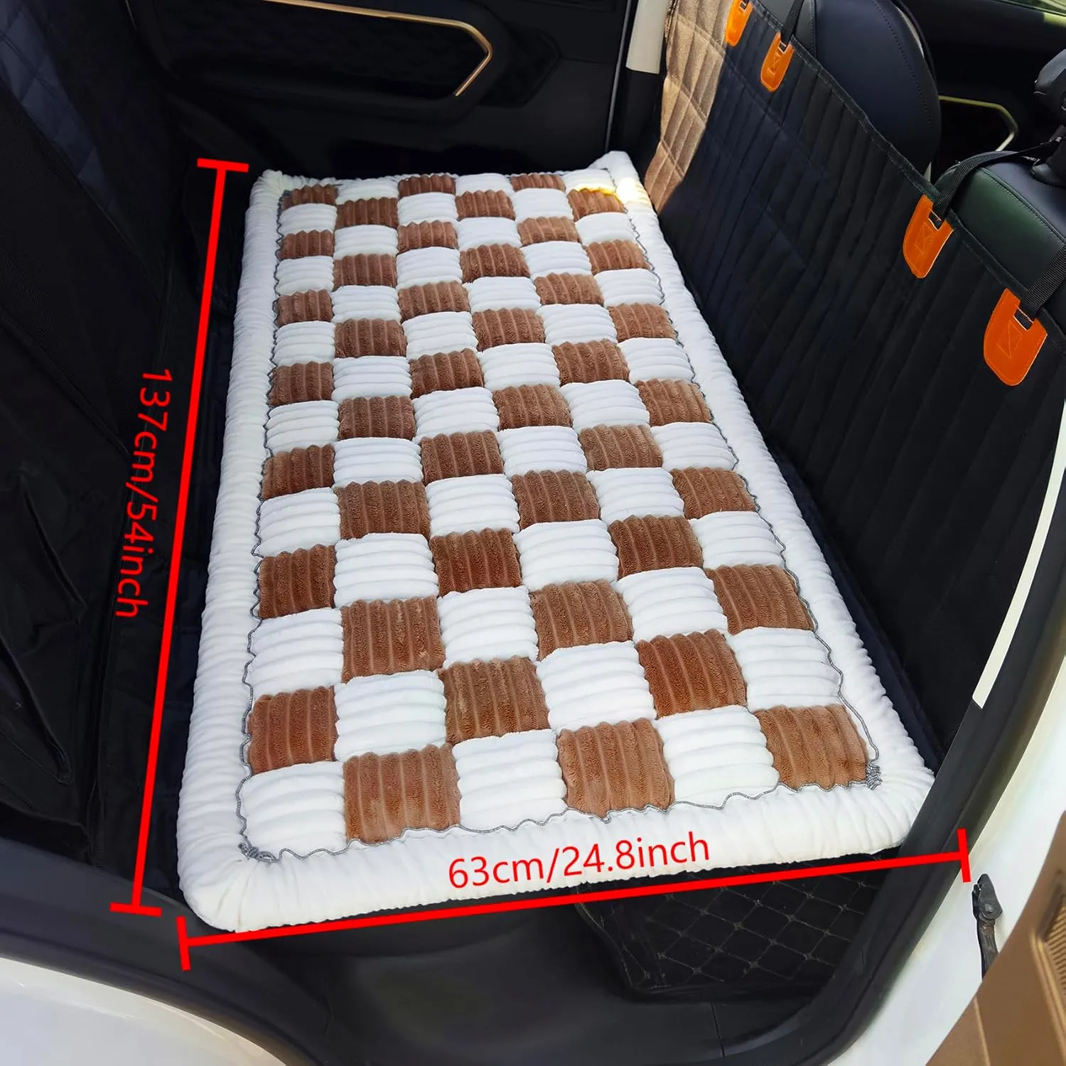 Backseat Pet Bed Mat, Plaid Dog Bed for Car Back Seat, Furry Dog Blanket for Car, Non-Slip Travel Pet Mat, Custom Fit for Backseat Extenders and Seat Covers (Brown&White, 24.8x54 inch)