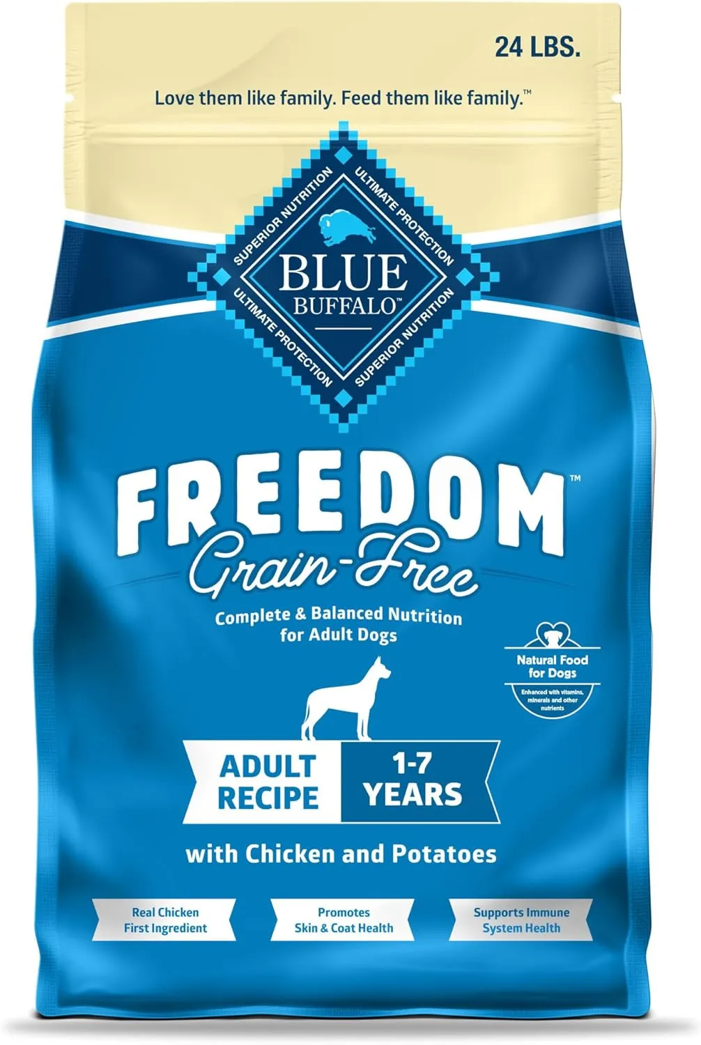 Blue Buffalo Freedom Grain-Free Dry Dog Food, Complete & Balanced Nutrition for Adult Dogs, Made in the USA With Natural Ingredients, Chicken & Potatoes, 24-lb Bag