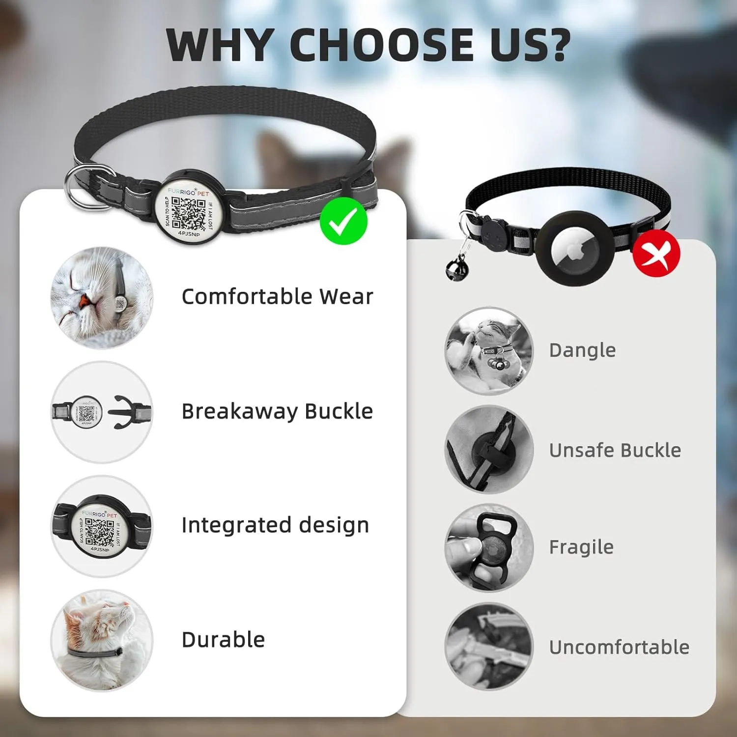 Breakaway Cat Collar with QR Code Name Tag, Reflective Adjustable Kitten Collar with Bell, Ultra-Durable Cat ID Collar for Boys & Girls, Quick Release, 8-12 Fits Small to Large Cats