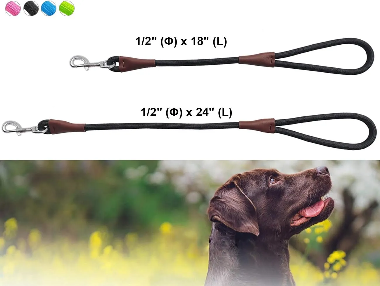 BTINESFUL Short Dog Leash- 18, 24 Inch Strong Nylon Training Traffic Leash- Classic Black No Pull Rope Lead for Medium Large Dogs (1/2" x 18 inch)