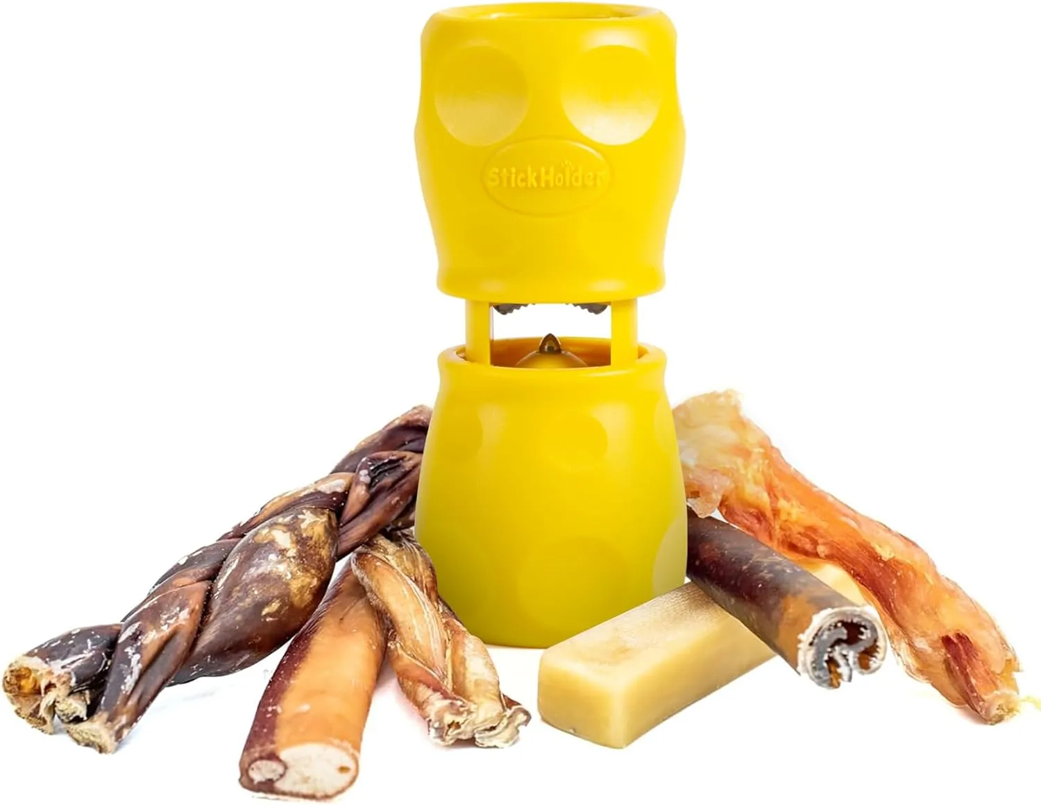 Bully Stick Holder, Food-Grade Dog Chew Holder, Safety Device to Prevent Choking, Long-Lasting Play Chew Toy, Easy to Clean, Fits Various Bully Sticks and Dog Sizes, Yellow(1 pcs)