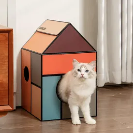 Cardboard Cat House with Scratch Pad & Catnip, Cat Play Scratching House for Indoor Hideaway Furniture, Heavy Duty Sturdy Cardboard Scratcher, Easy to Assemble Birthday Gift