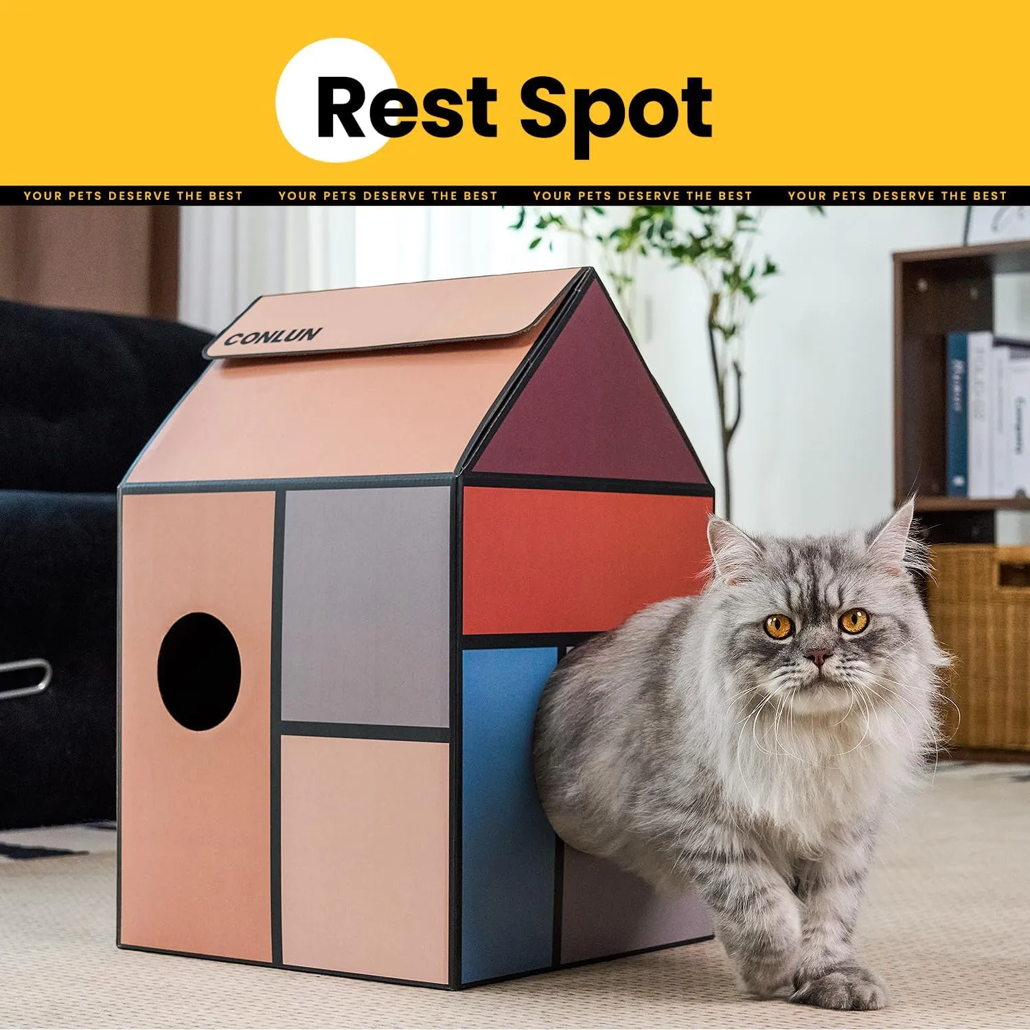 Cardboard Cat House with Scratch Pad & Catnip, Cat Play Scratching House for Indoor Hideaway Furniture, Heavy Duty Sturdy Cardboard Scratcher, Easy to Assemble Birthday Gift