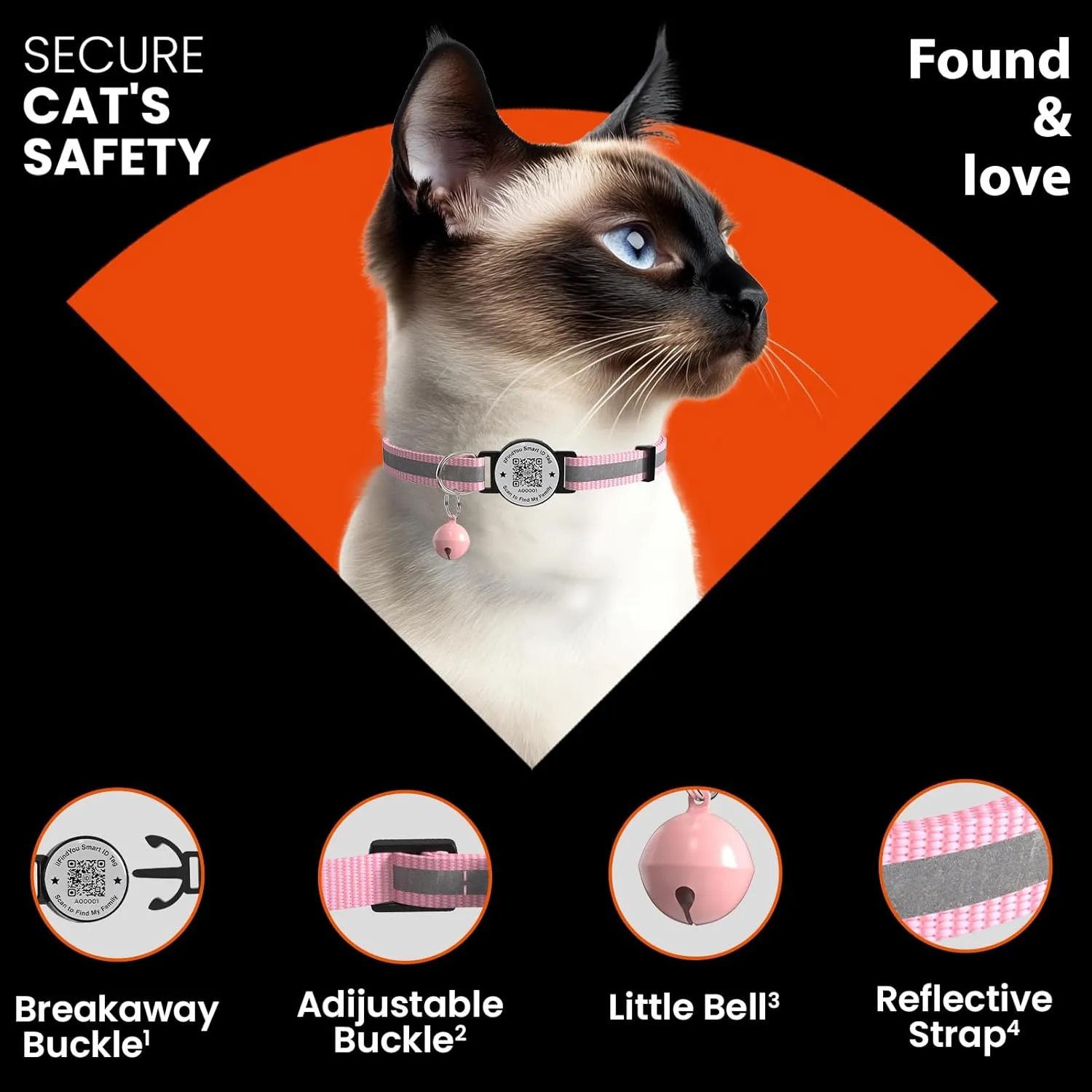 Cat Collar with Bells, Reflective Cat Collars Breakaway with Qr Code, Adjustable Kitten Collar with Name Tag Pink