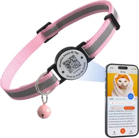 Cat Collar with Bells, Reflective Cat Collars Breakaway with Qr Code, Adjustable Kitten Collar with Name Tag Pink