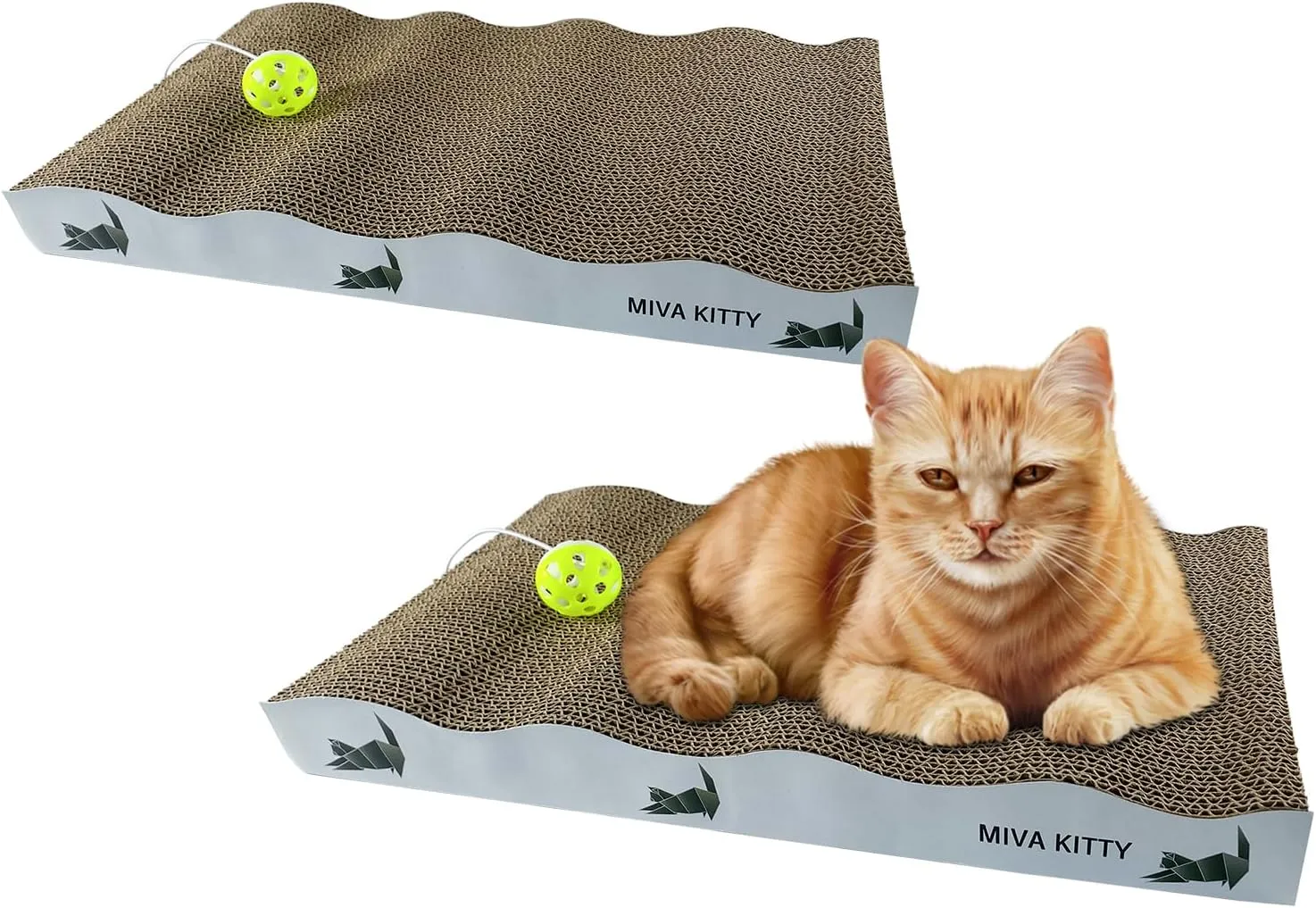 Cat Scratching Board  2 Pack Cardboard Cat Scratcher with Play Toy & Catnip. Reversible Large Wide Corrugated Cat Scratch Pad for Indoor Cats. Perfect Cat Scratch Solution.
