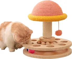 Cat Scratching Post with Hanging Ball,Cat Turntable Ball Toy,Cat Mushroom Sisal Scratcher,Kitten 2 Layer Wooden Track Spinning Balls,Fun Turntable Toy for Indoor Cats Physical Exercise