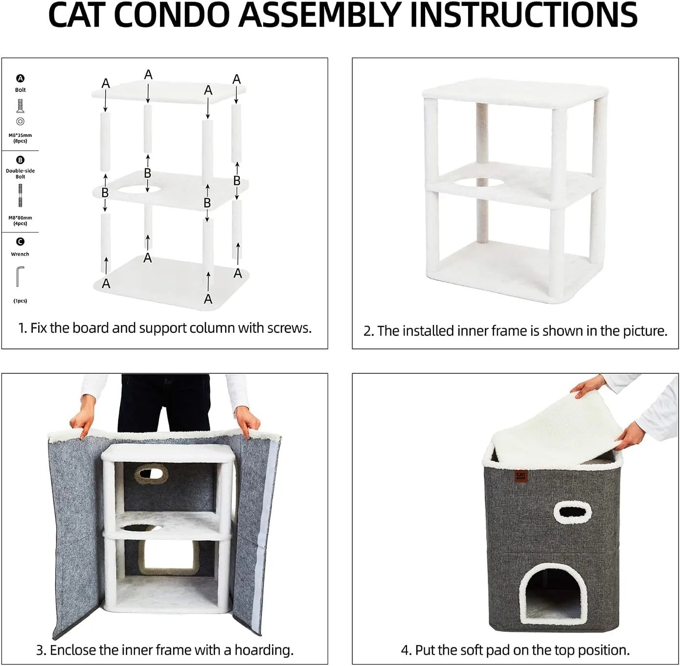 CATBOAT 2-Storey Cat House for Indoor Cats Bed, Covered Beds & Furniture with Scratch Pad and Hideaway Cave, Cute Modern Condo for Multi Small Pet Large Kitten Kitty, Grey