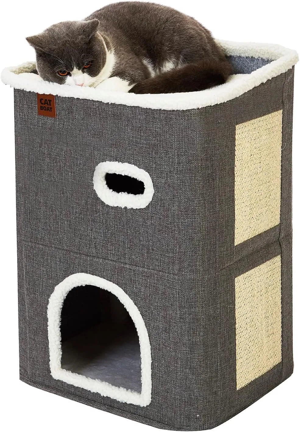 CATBOAT 2-Storey Cat House for Indoor Cats Bed, Covered Beds & Furniture with Scratch Pad and Hideaway Cave, Cute Modern Condo for Multi Small Pet Large Kitten Kitty, Grey