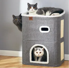 CATBOAT 2-Storey Cat House for Indoor Cats Bed, Covered Beds & Furniture with Scratch Pad and Hideaway Cave, Cute Modern Condo for Multi Small Pet Large Kitten Kitty, Grey