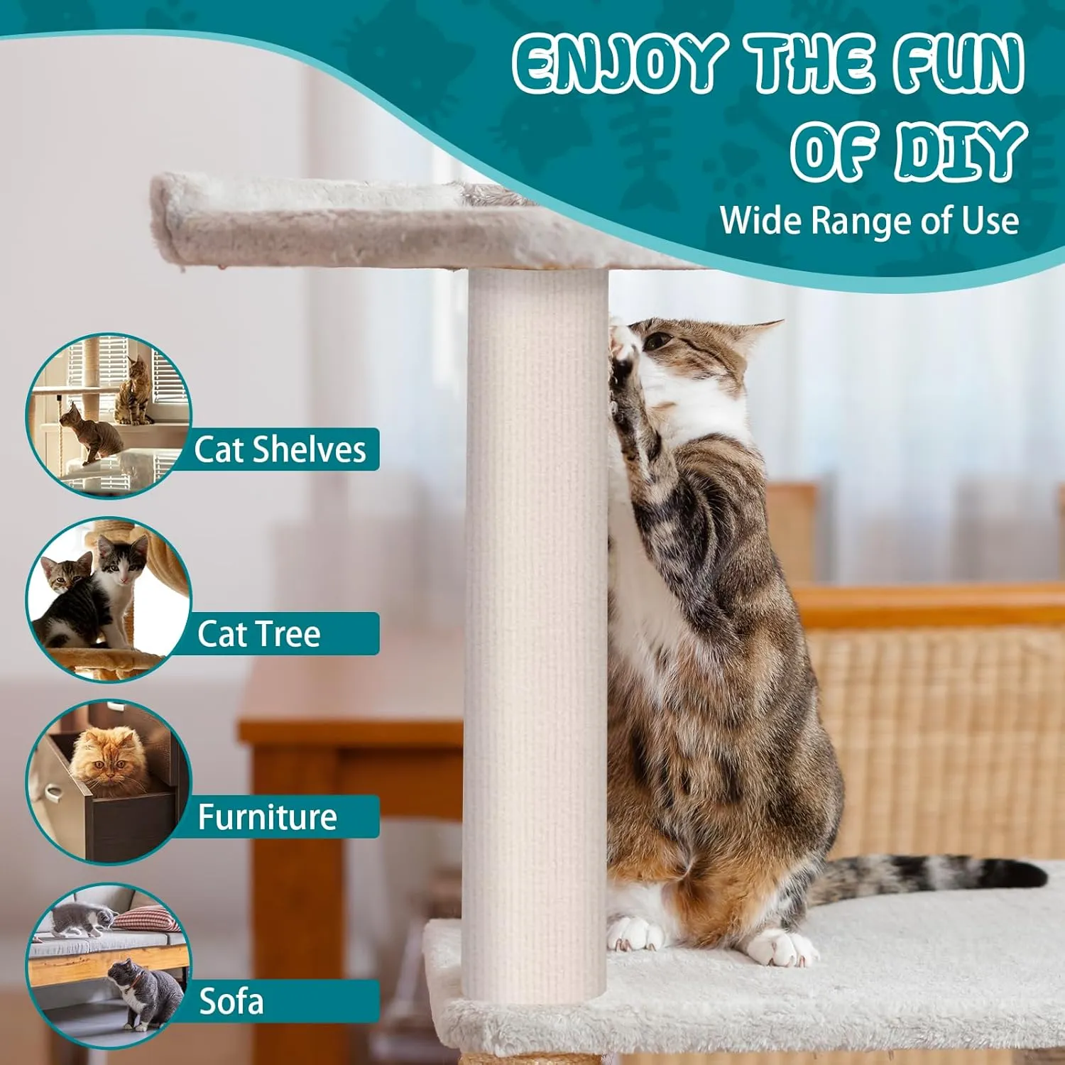Climbing Cat Scratcher Mat Trimmable Cat Scratching Post Carpet 157.4x15.8 Self Adhesive Carpet Mat Pad Replacement for Cat Tree Shelves Post Couch Wall Furniture Steps DIY Protector (Cream White)