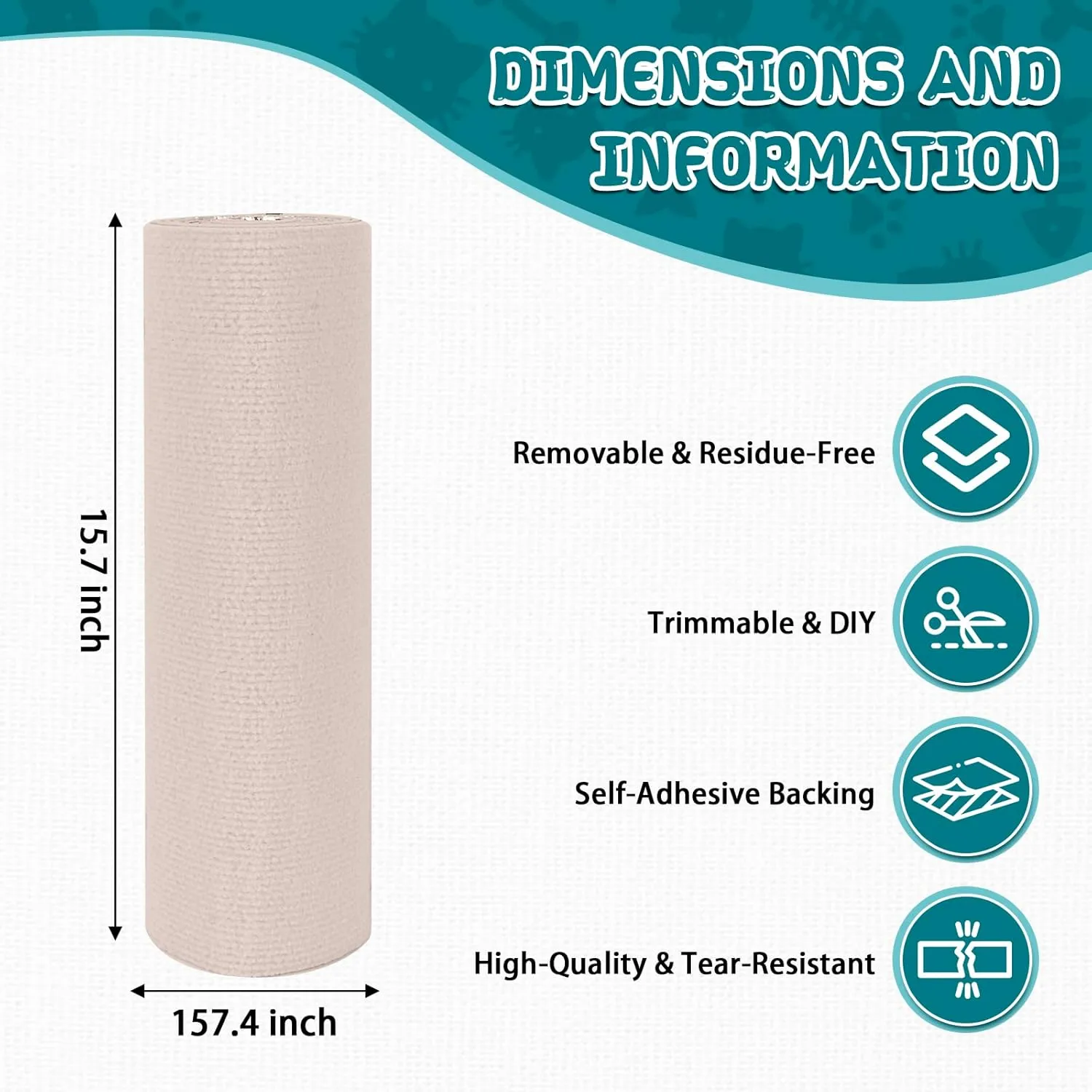 Climbing Cat Scratcher Mat Trimmable Cat Scratching Post Carpet 157.4x15.8 Self Adhesive Carpet Mat Pad Replacement for Cat Tree Shelves Post Couch Wall Furniture Steps DIY Protector (Cream White)