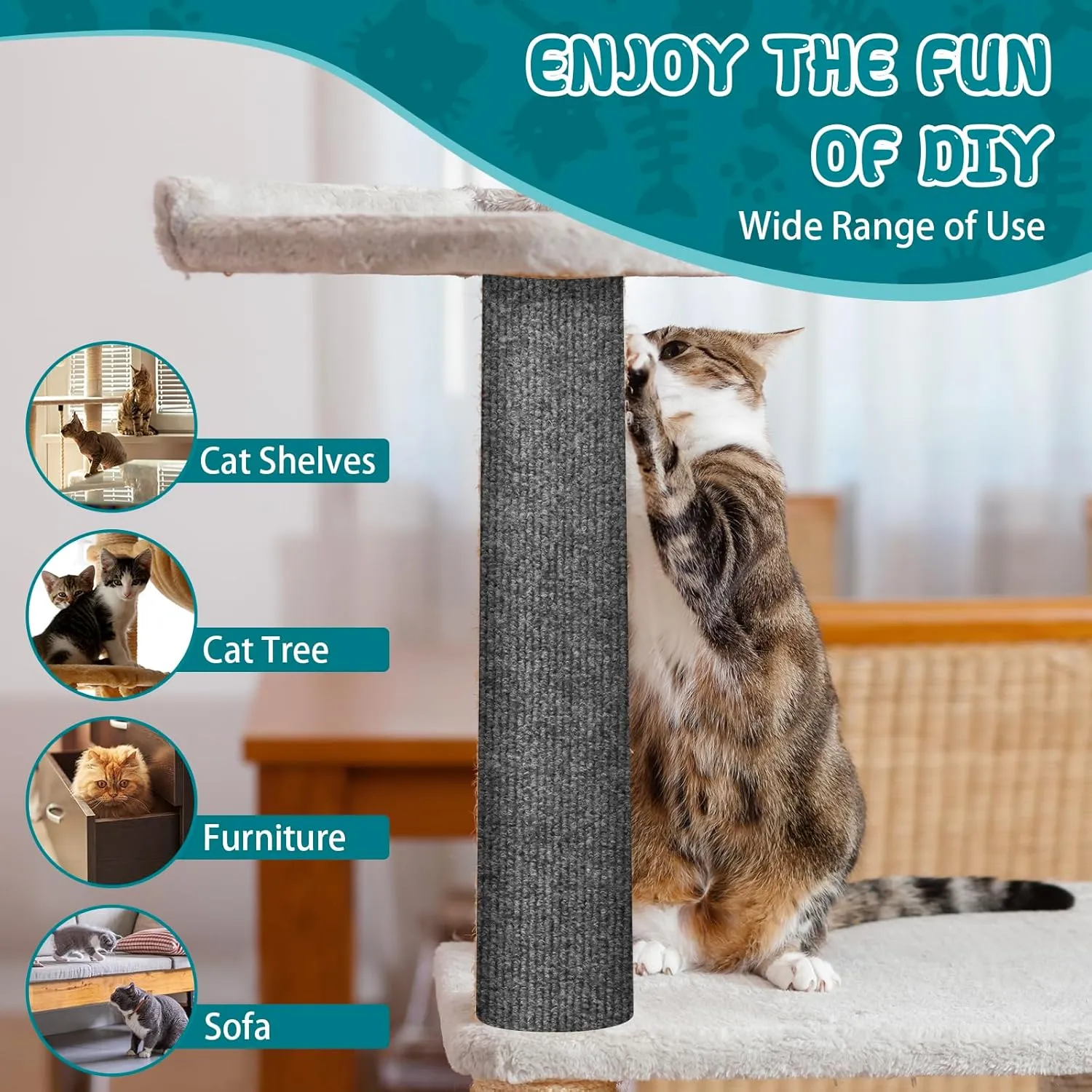 Climbing Cat Scratcher Mat Trimmable Cat Scratching Post Carpet 78.7'' x15.8'' Self Adhesive Carpet Mat Pad Replacement for Cat Tree Shelves Post Couch Wall Furniture Steps DIY Protector (Dark Gray)