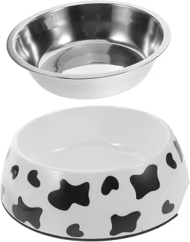 Cow Pattern Stainless Steel Pet Bowl Dual Dog Feeder Non Slip Base for Food and Water for Dogs and Cats Durable and Resistant