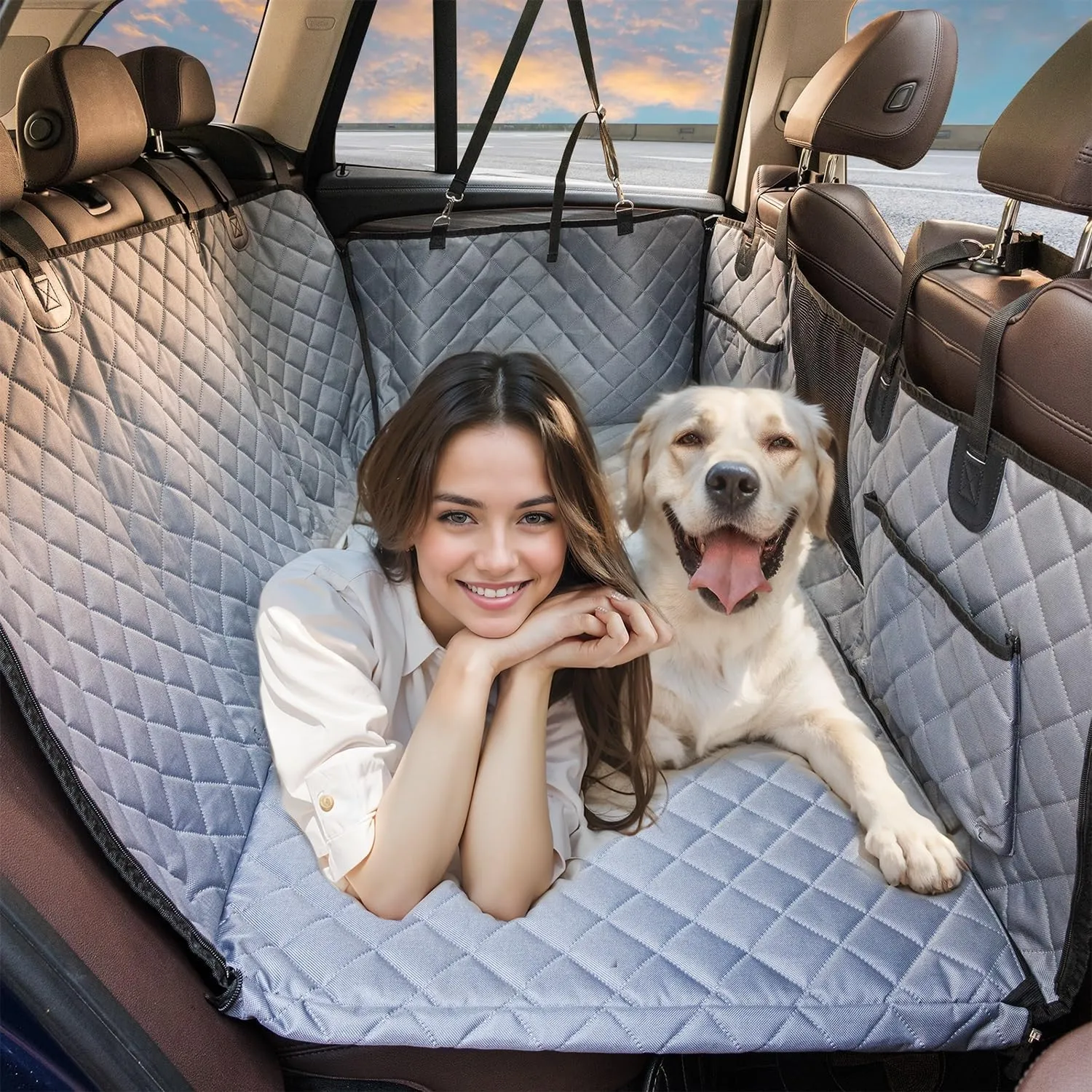 Dog Car Seat Cover Hard Bottom- Back Seat Extender for Dogs,Heavy Duty Scratchproof Dog Car Bed,Waterproof Pet Hammock,Non-Slip Backseat Protector for Car Sedans SUV