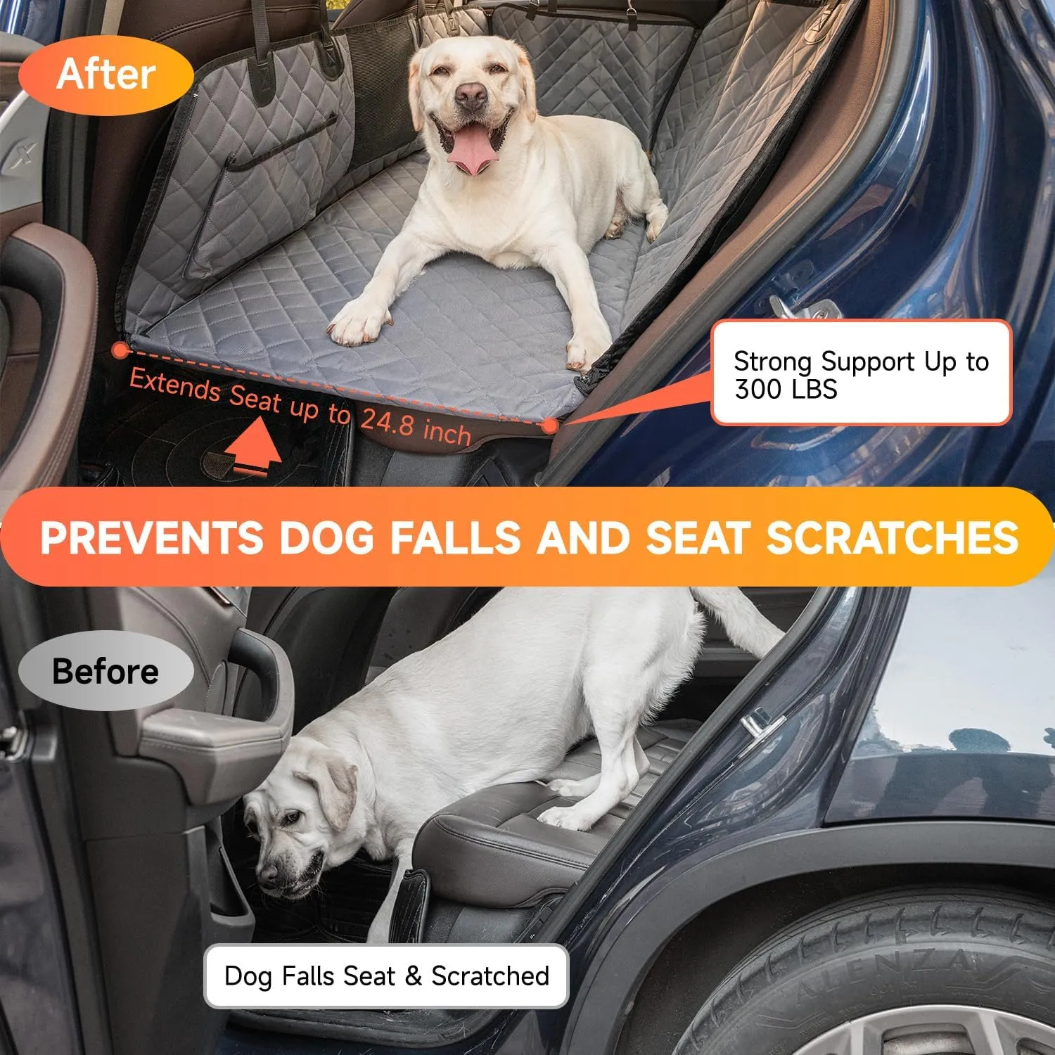 Dog Car Seat Cover Hard Bottom- Back Seat Extender for Dogs,Heavy Duty Scratchproof Dog Car Bed,Waterproof Pet Hammock,Non-Slip Backseat Protector for Car Sedans SUV