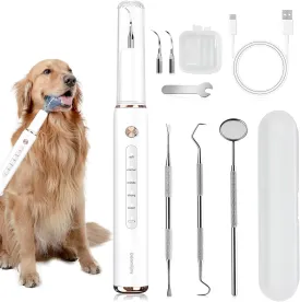 Dog Plaque Tartar Remover, Electric Toothbrush Teeth Cleaner Dental Care Kit for Dogs Cats- 5 Modes LED IPX6 Waterproof Auto-Stop Gum Protection USB Charge, 3 Brush Heads, Pet Teeth Cleaning Tools