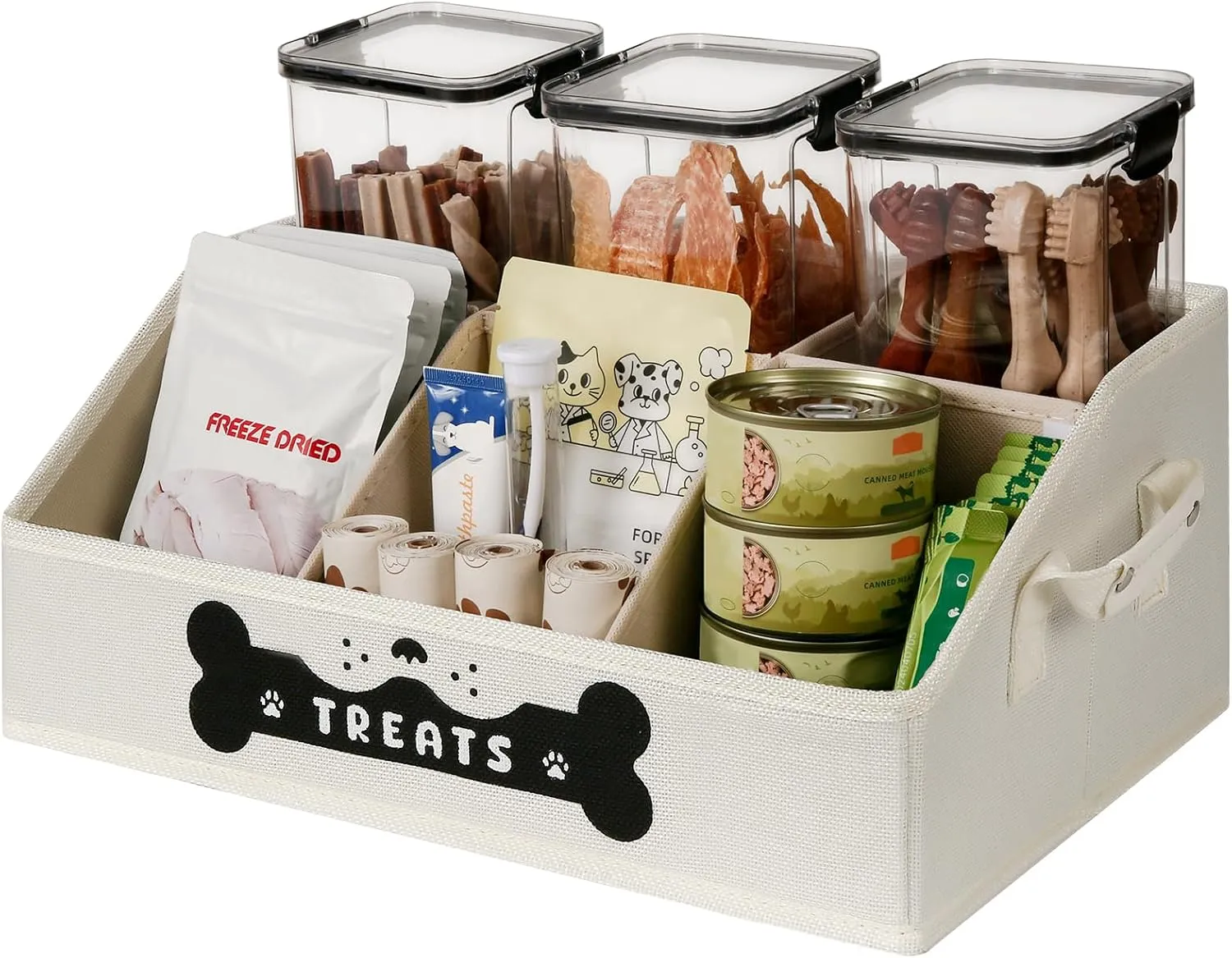 Dog Treat Contanier, Dog Storage Organizer with Removable Dividers, Collapsible Dog Treat Holder for Countertop, Trapezoid Pet Treat Containers for Dogs Food, Dog Toy Basket with PU Handles, Beige