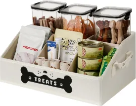 Dog Treat Contanier, Dog Storage Organizer with Removable Dividers, Collapsible Dog Treat Holder for Countertop, Trapezoid Pet Treat Containers for Dogs Food, Dog Toy Basket with PU Handles, Beige