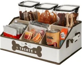 Dog Treat Contanier, Dog Storage Organizer with Removable Dividers, Collapsible Dog Treat Holder for Countertop, Trapezoid Pet Treat Containers for Dogs Food, Dog Toy Basket with PU Handles, Brown