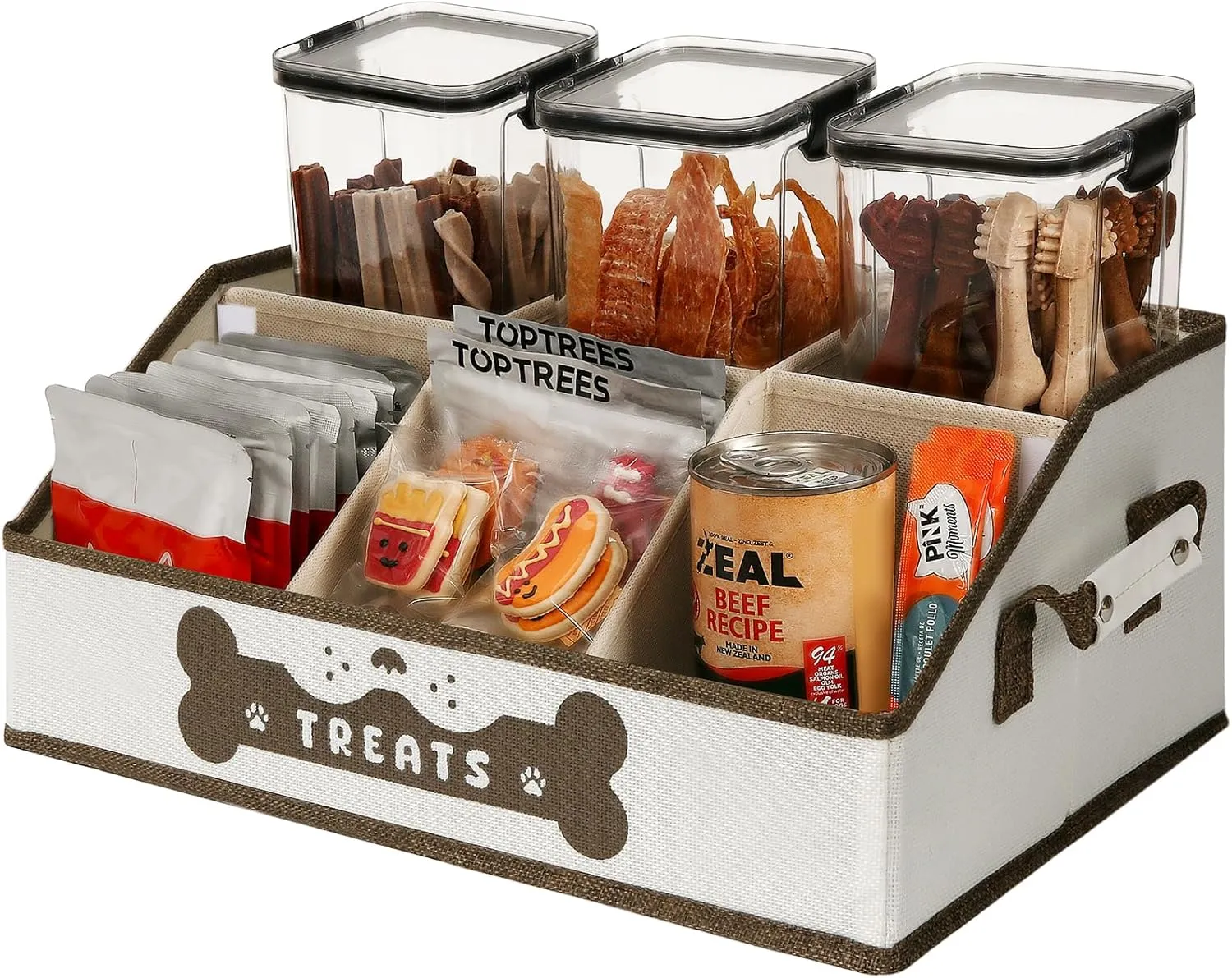 Dog Treat Contanier, Dog Storage Organizer with Removable Dividers, Collapsible Dog Treat Holder for Countertop, Trapezoid Pet Treat Containers for Dogs Food, Dog Toy Basket with PU Handles, Brown