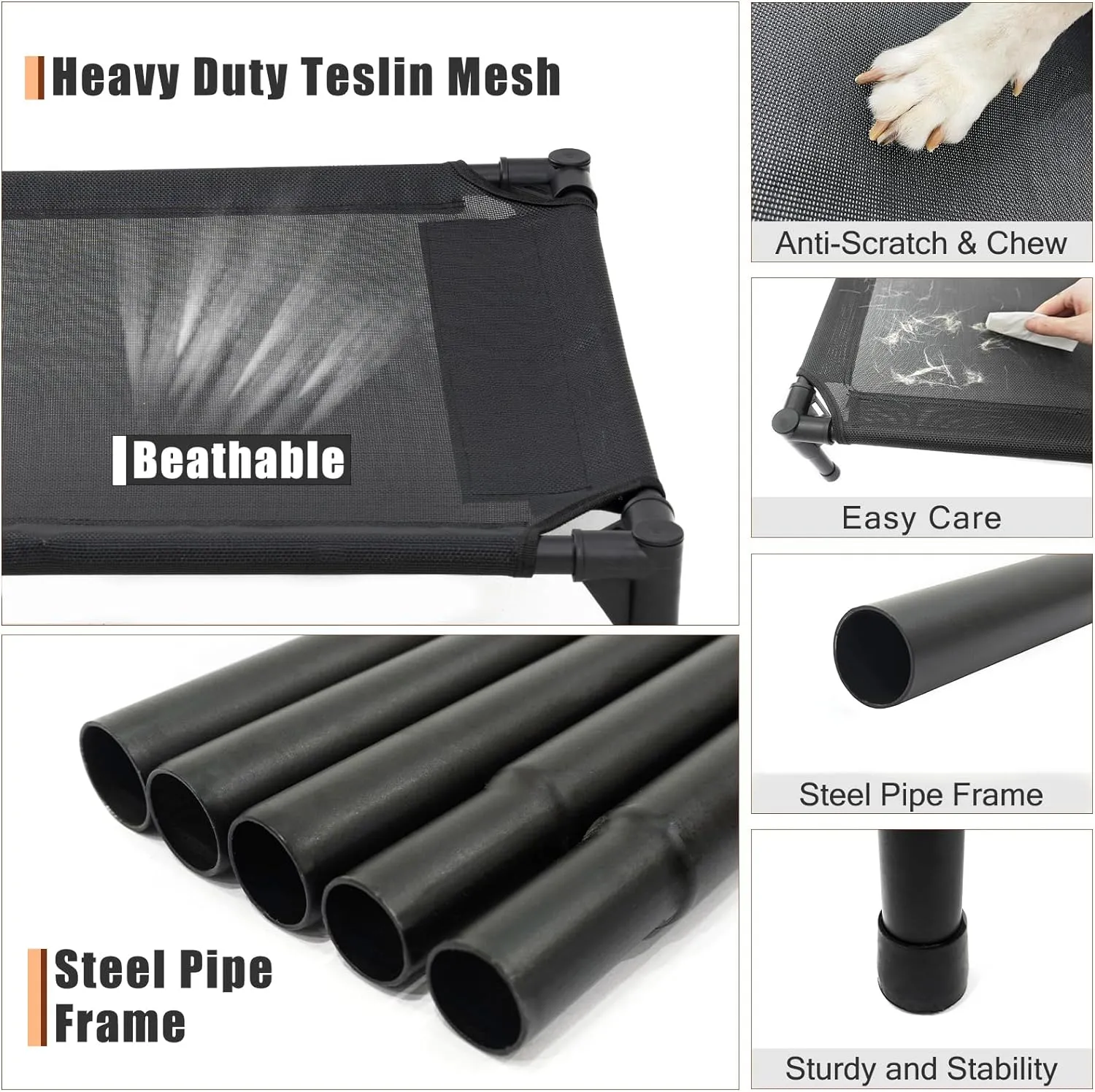 Elevated Dog Bed for Large Dogs, Raised Dog Cot Beds Fits Up to 150 LBs, Heavy Duty Pet Cots with Durable Supportive Teslin Recyclable Washable Mesh, Indoor & Outdoor Dog Bed, Black