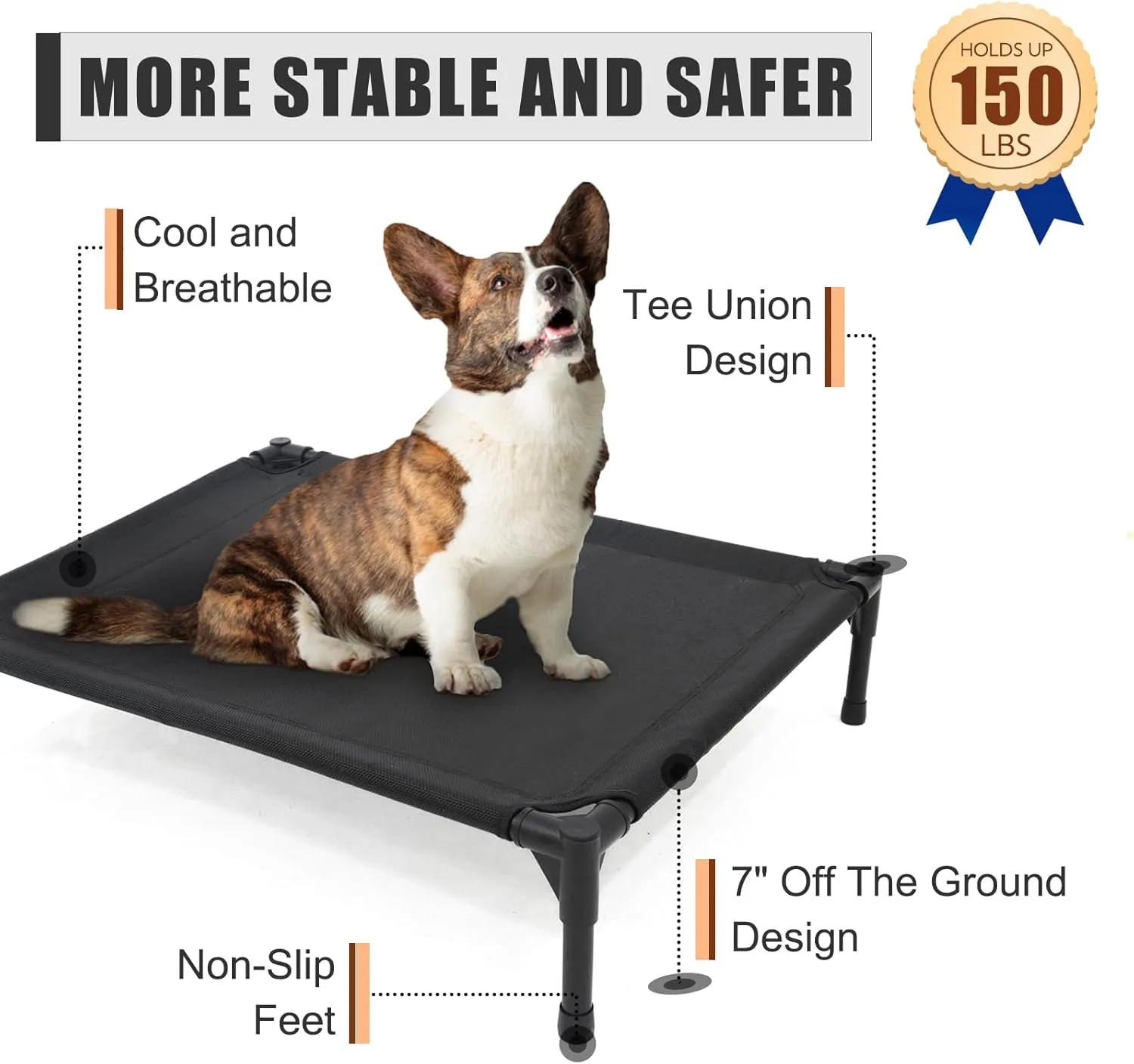 Elevated Dog Bed for Large Dogs, Raised Dog Cot Beds Fits Up to 150 LBs, Heavy Duty Pet Cots with Durable Supportive Teslin Recyclable Washable Mesh, Indoor & Outdoor Dog Bed, Black