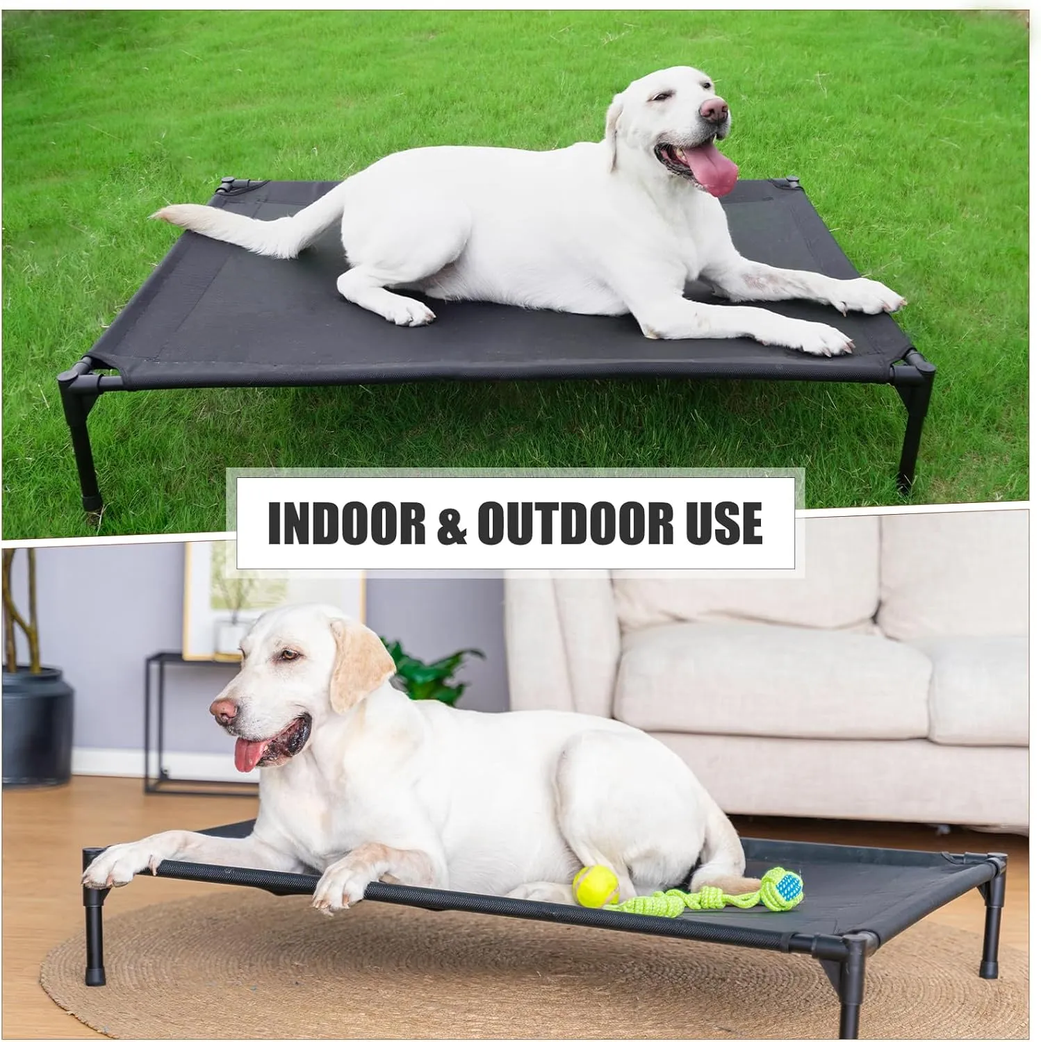 Elevated Dog Bed for Large Dogs, Raised Dog Cot Beds Fits Up to 150 LBs, Heavy Duty Pet Cots with Durable Supportive Teslin Recyclable Washable Mesh, Indoor & Outdoor Dog Bed, Black