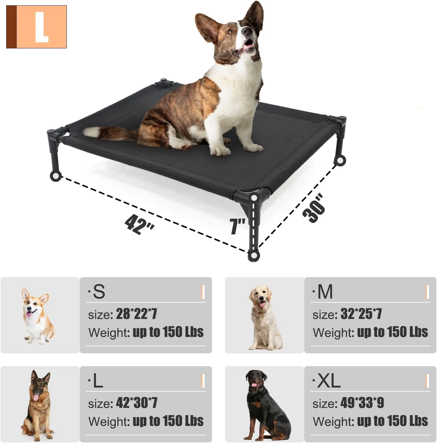 Elevated Dog Bed for Large Dogs, Raised Dog Cot Beds Fits Up to 150 LBs, Heavy Duty Pet Cots with Durable Supportive Teslin Recyclable Washable Mesh, Indoor & Outdoor Dog Bed, Black
