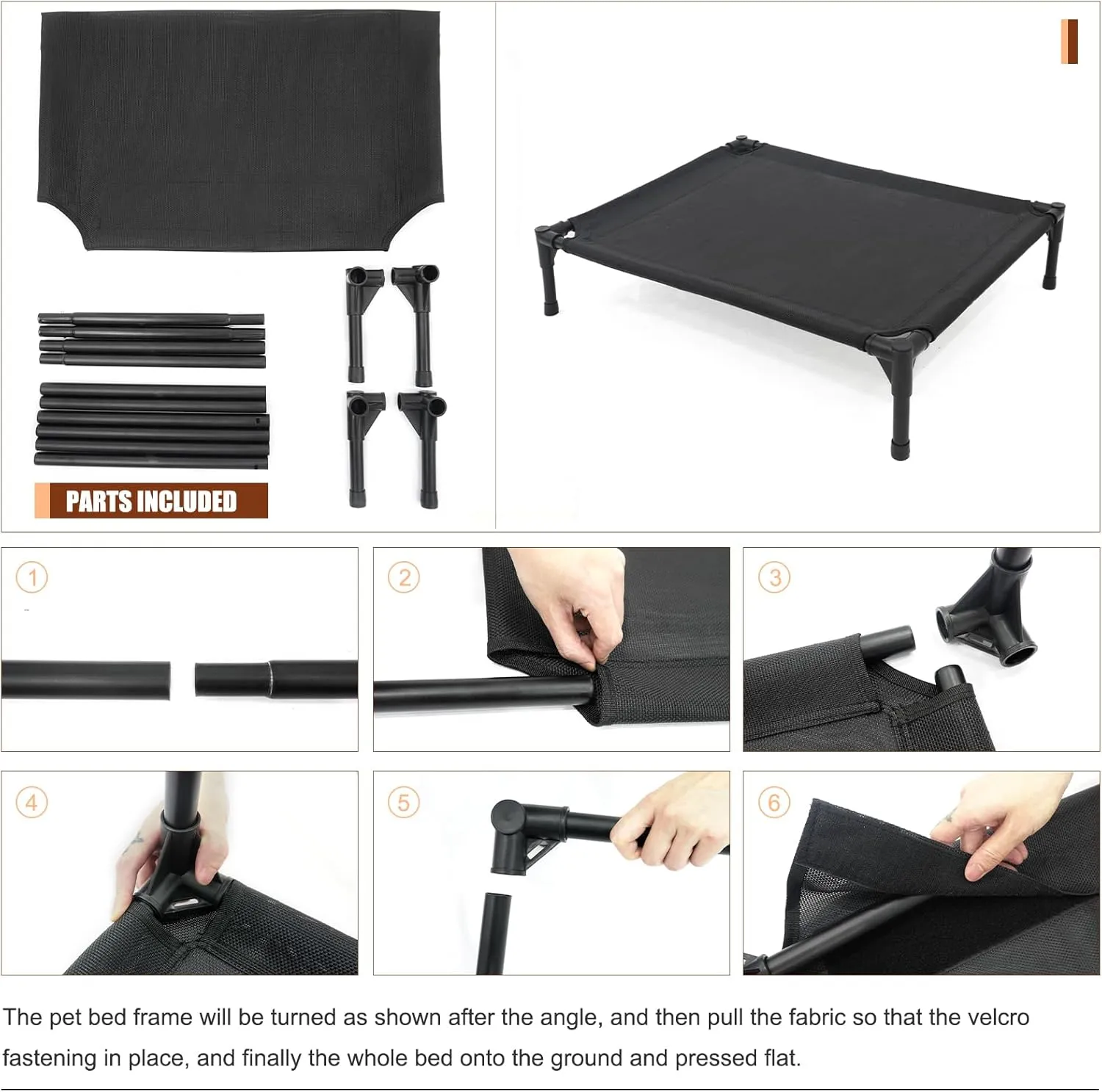 Elevated Dog Bed for Large Dogs, Raised Dog Cot Beds Fits Up to 150 LBs, Heavy Duty Pet Cots with Durable Supportive Teslin Recyclable Washable Mesh, Indoor & Outdoor Dog Bed, Black